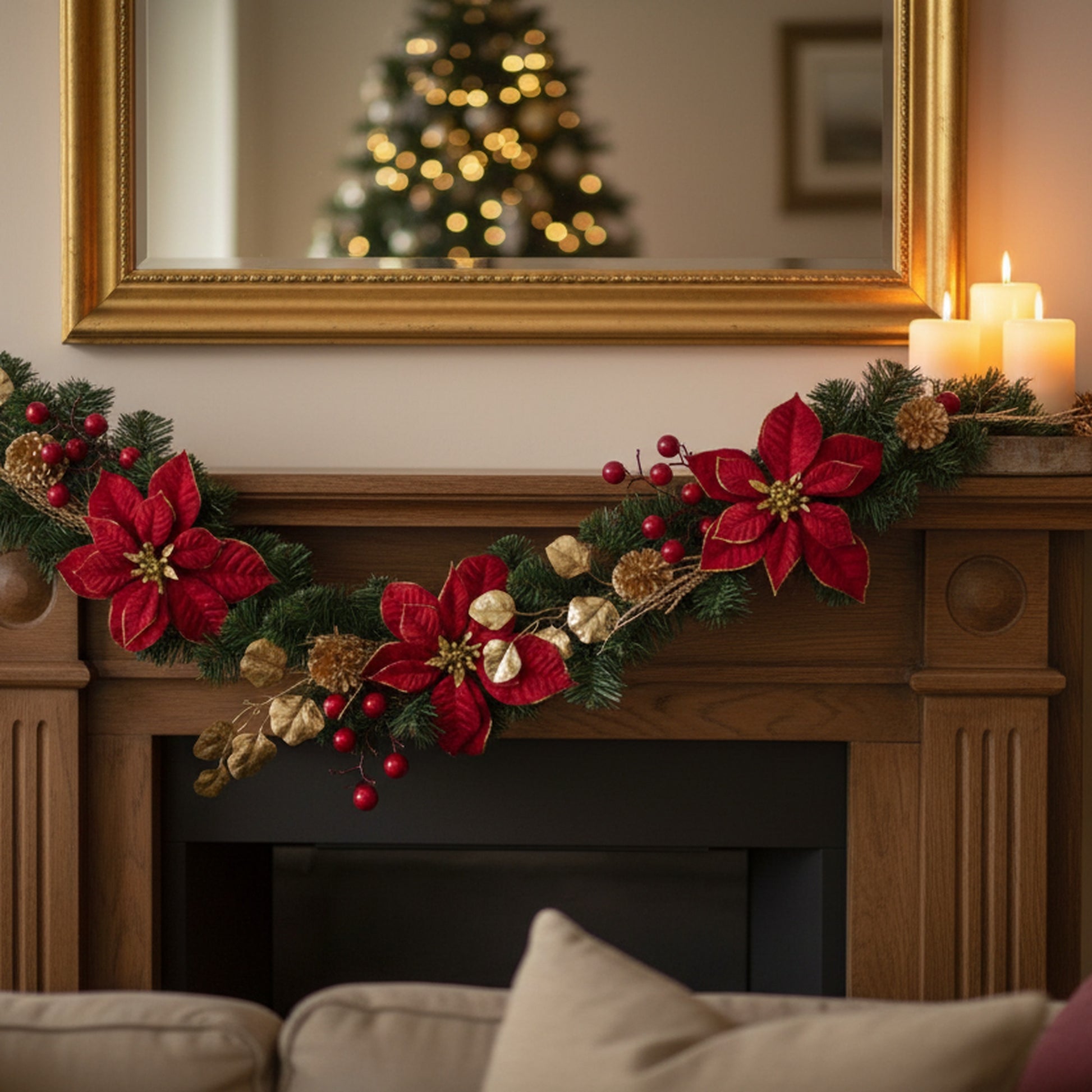 Red Velvet Poinsettia and Gold Pinecone Garland, Christmas, Garland, Holiday Decor