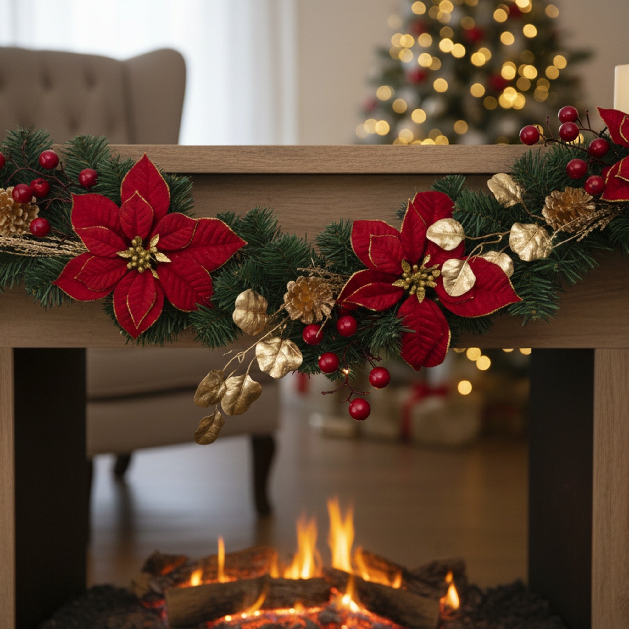 Red Velvet Poinsettia and Gold Pinecone Garland, Christmas, Garland, Holiday Decor