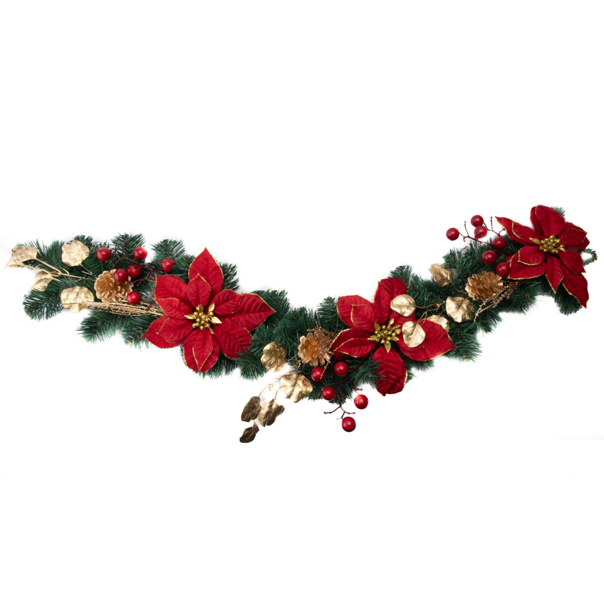 Red Velvet Poinsettia and Gold Pinecone Garland, Christmas, Garland, Holiday Decor
