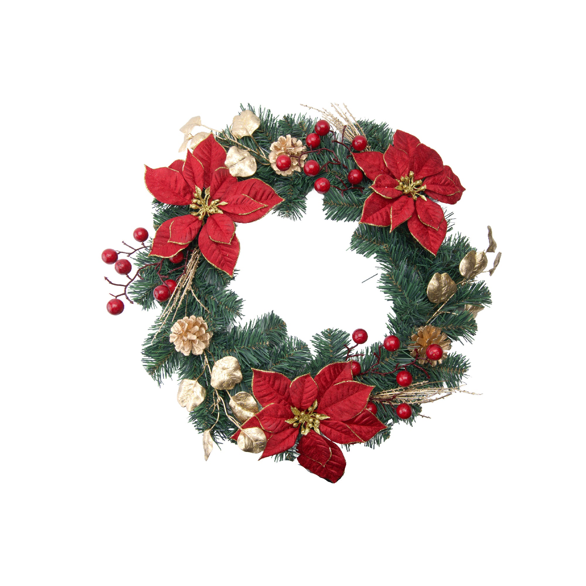 Red Velvet Poinsettia and Gold Pinecone Wreath, Christmas, Wreath, Holiday Decor