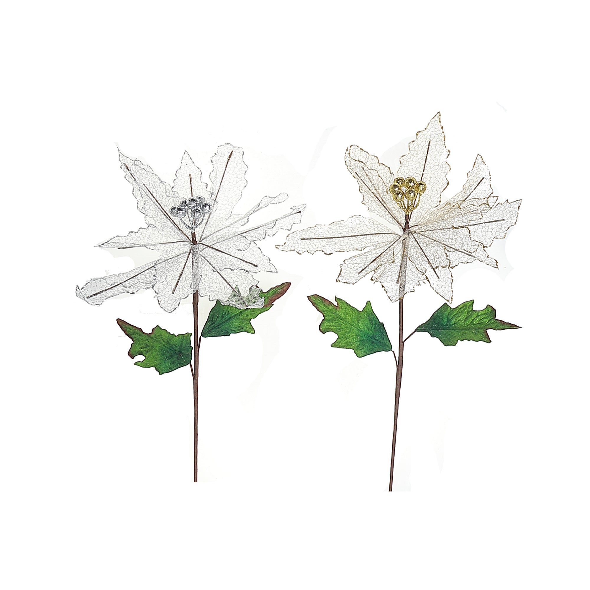 Netted Glitter Edged Poinsettia Stem Set of 6, Christmas Floral Decoration, Holiday Flower Stem