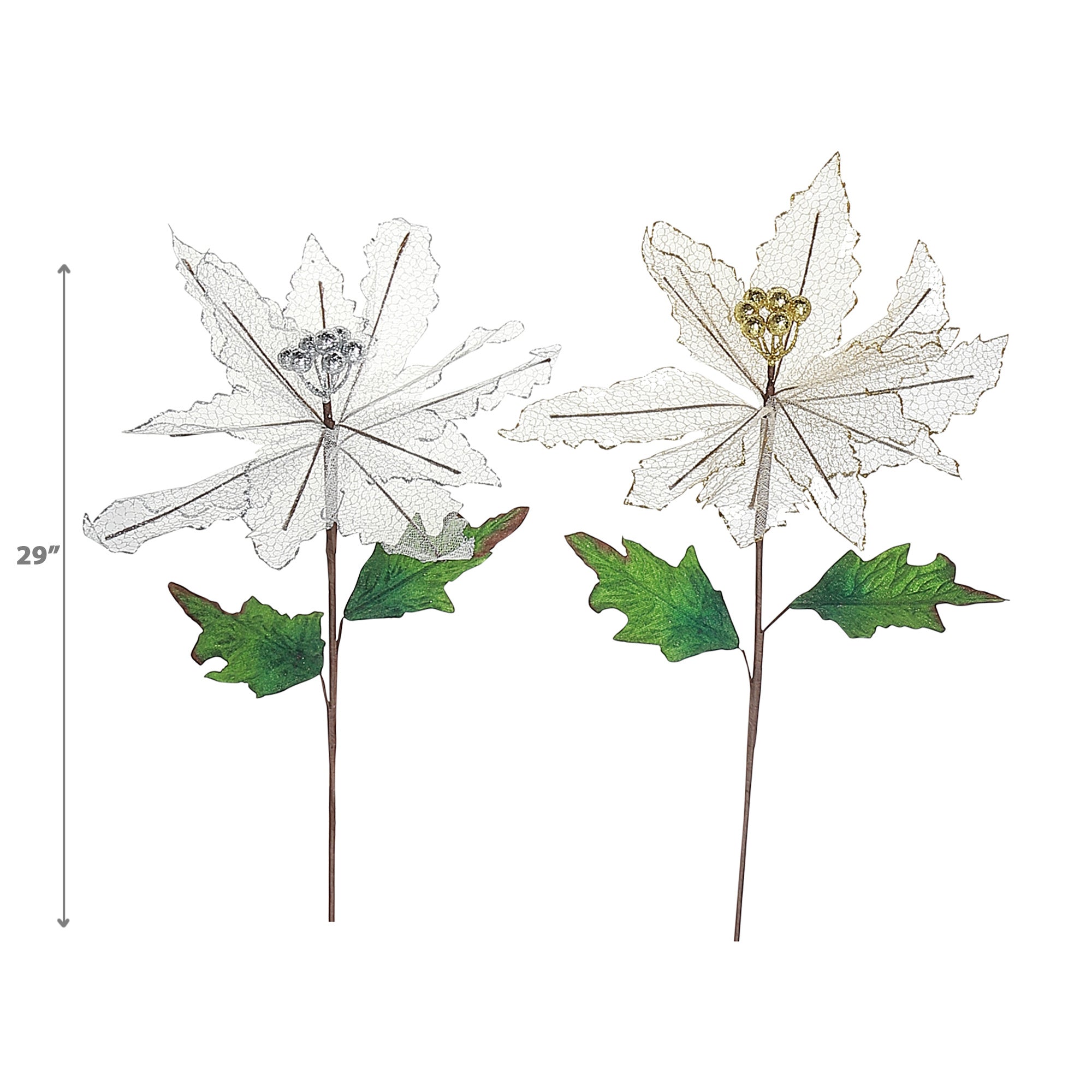 Netted Glitter Edged Poinsettia Stem Set of 6, Christmas Floral Decoration, Holiday Flower Stem