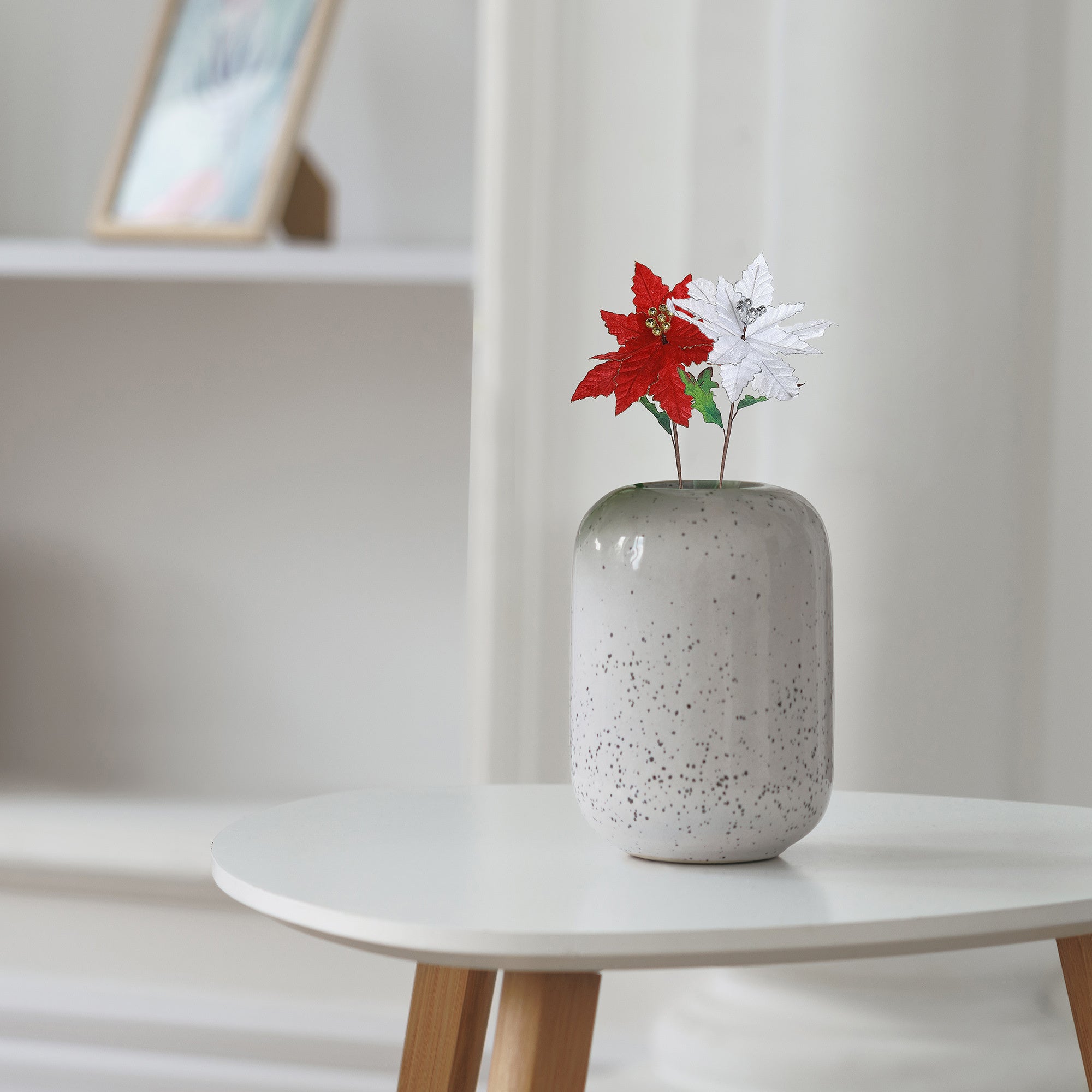 Glitter Edged Poinsettia Stem Set of 6, Christmas Floral Stem, Holiday Flower Decoration