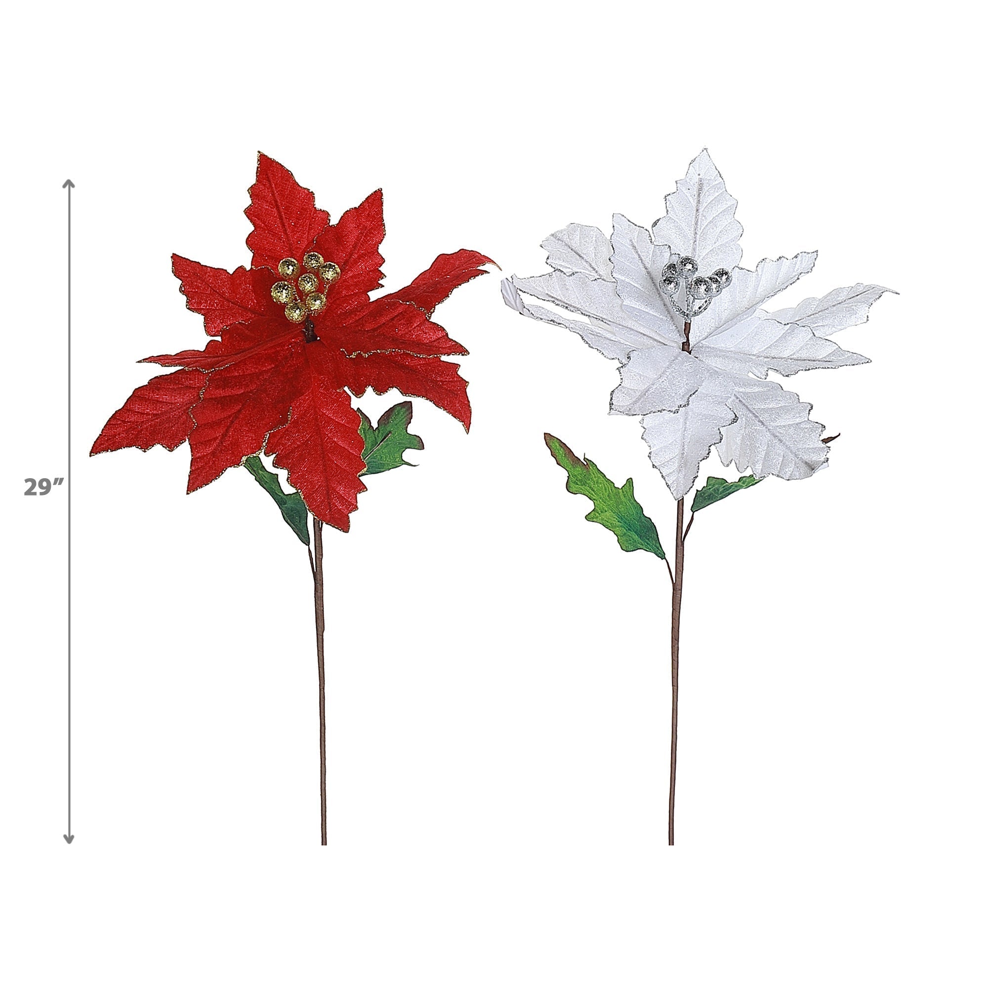 Glitter Edged Poinsettia Stem Set of 6, Christmas Floral Stem, Holiday Flower Decoration