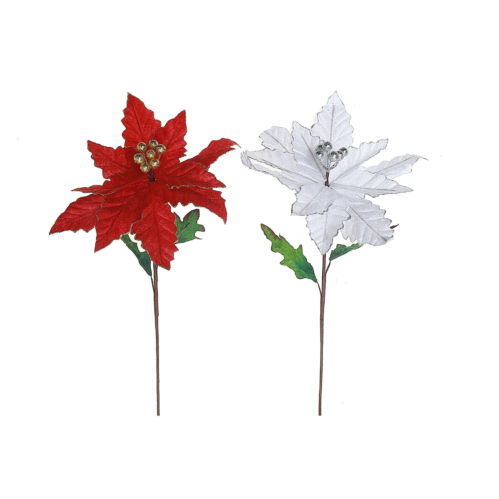 Glitter Edged Poinsettia Stem Set of 6, Christmas Floral Stem, Holiday Flower Decoration