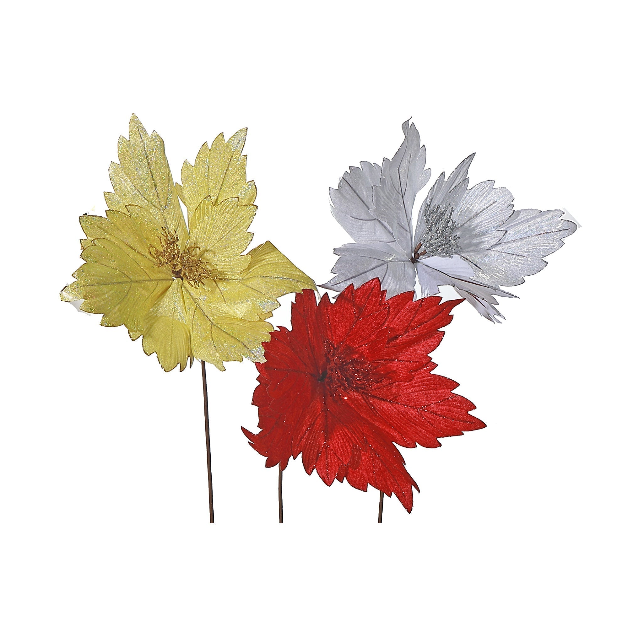 Glitter Edged Veiny Poinsettia Stem Set of 3, Christmas Floral Stem, Holiday Flower Decor