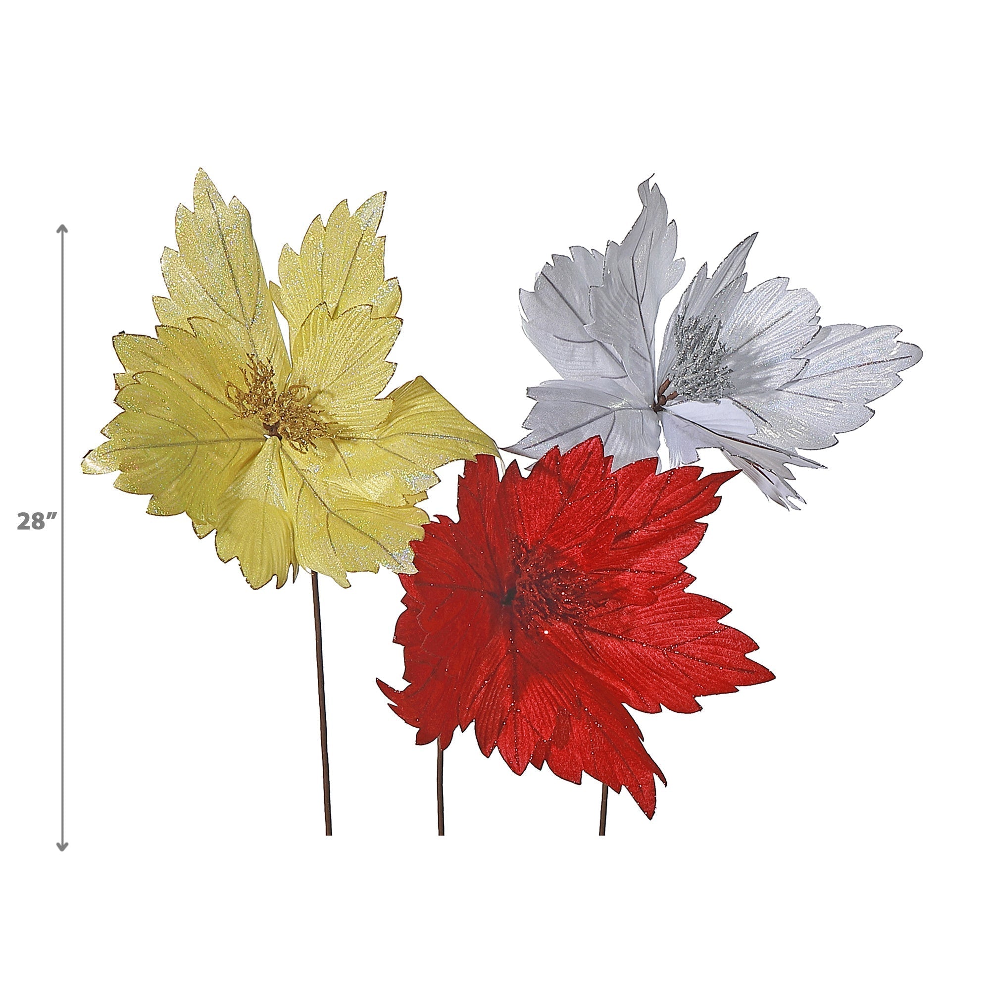 Glitter Edged Veiny Poinsettia Stem Set of 3, Christmas Floral Stem, Holiday Flower Decor
