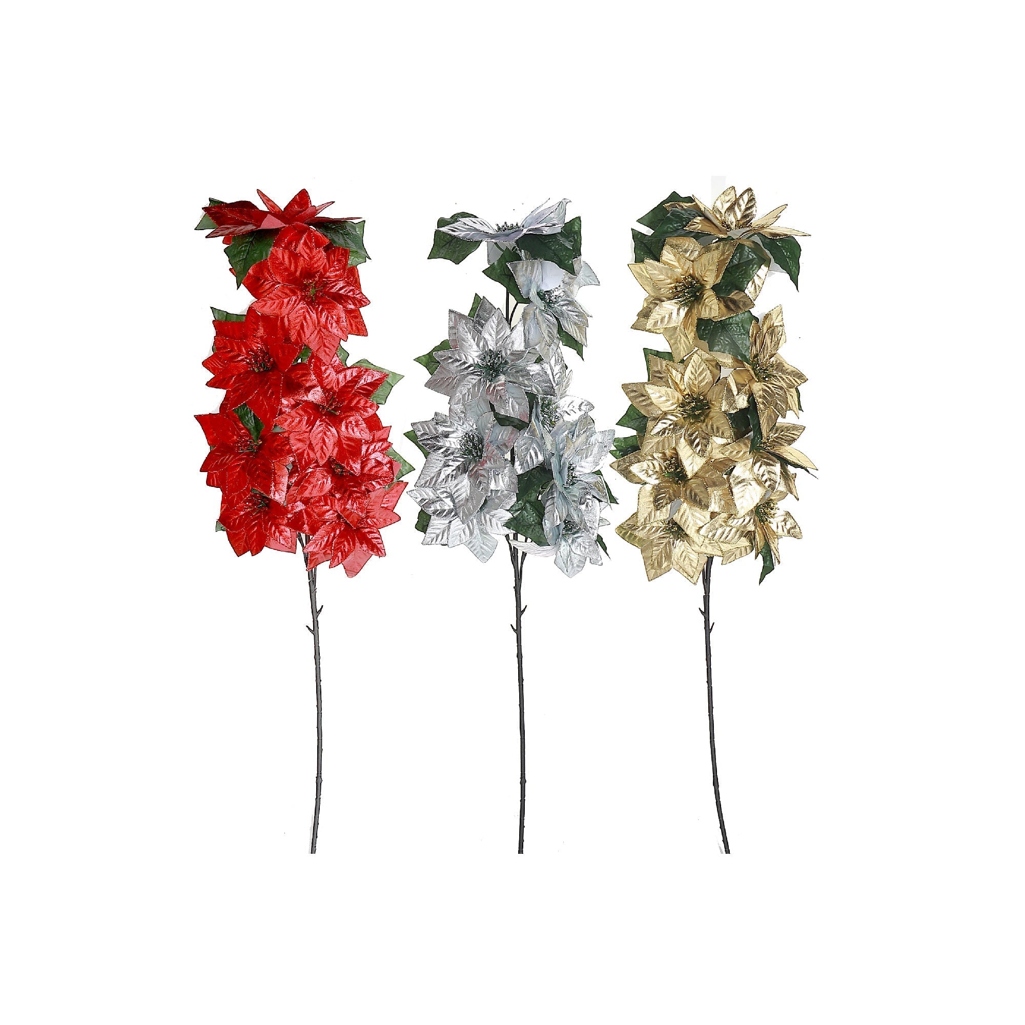 Shiny Poinsettia Spray Set of 3, Christmas Floral Spray, Holiday Decoration Stem