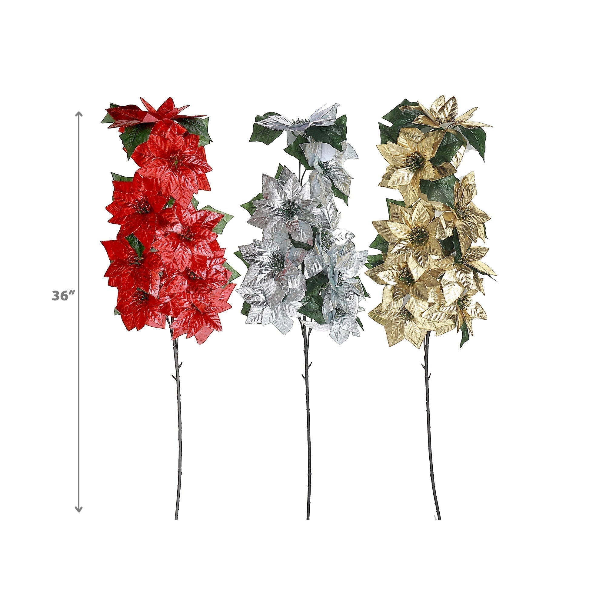 Shiny Poinsettia Spray Set of 3, Christmas Floral Spray, Holiday Decoration Stem