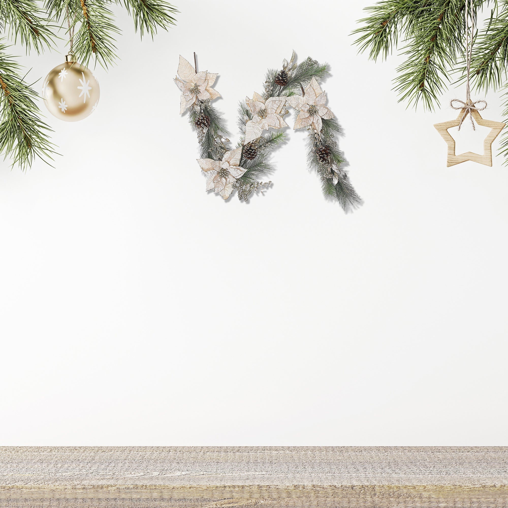 Poinsettia And Pinecone Garland, Christmas Garland, Holiday Mantel Garland Decor