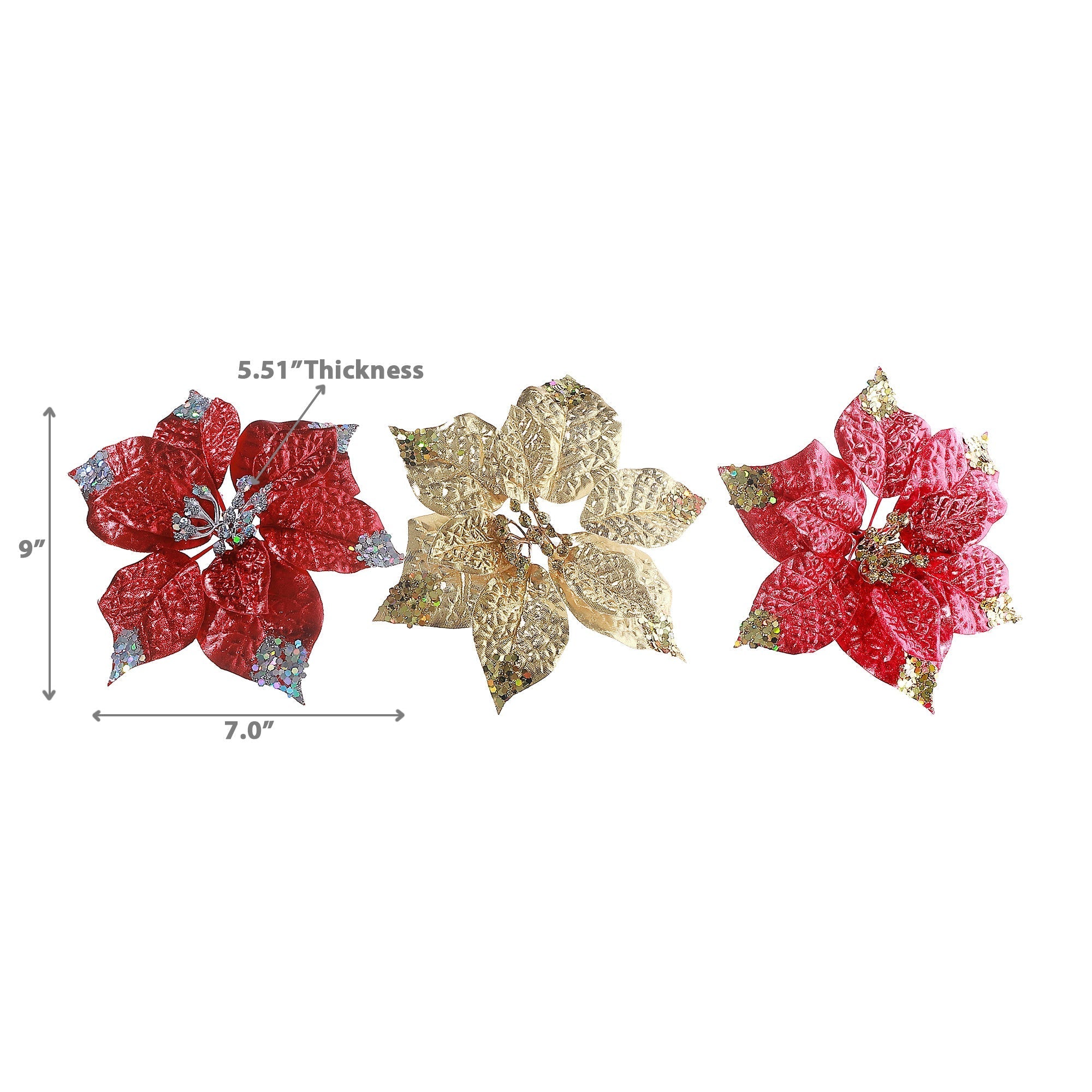 Glitter Edged Poinsettia Clip Set of 6, Christmas Tree Flower Clip, Holiday Ornament Clip