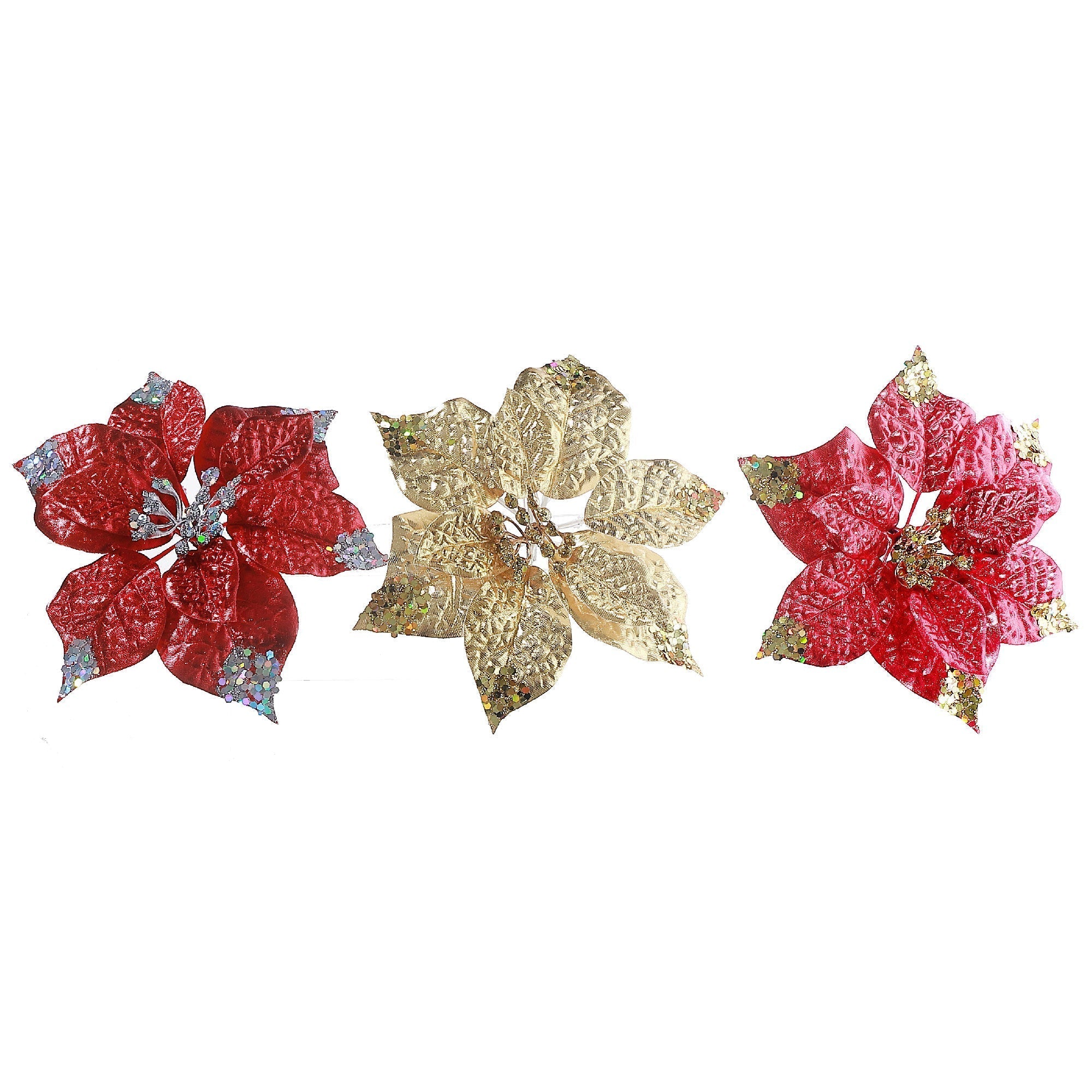 Glitter Edged Poinsettia Clip Set of 6, Christmas Tree Flower Clip, Holiday Ornament Clip