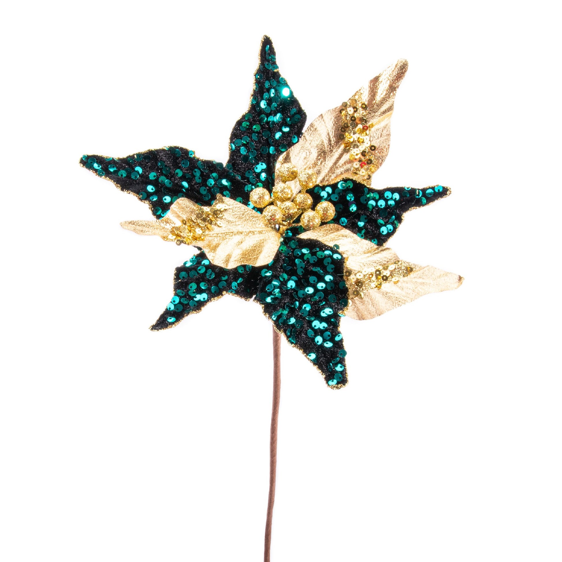 Green & Gold Metallic Sequined Velvet Poinsettia Pick, Christmas, Holiday Decor- Set of 6