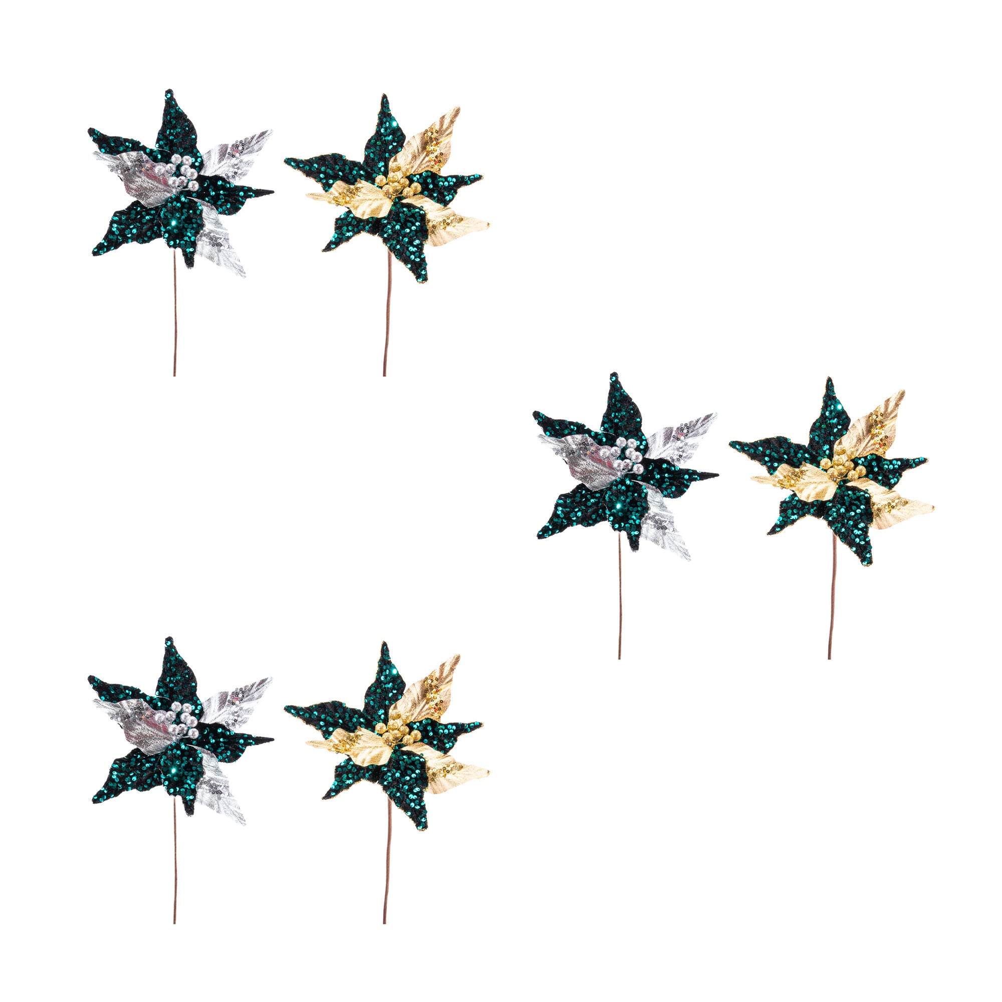 Green & Gold Metallic Sequined Velvet Poinsettia Pick, Christmas, Holiday Decor- Set of 6