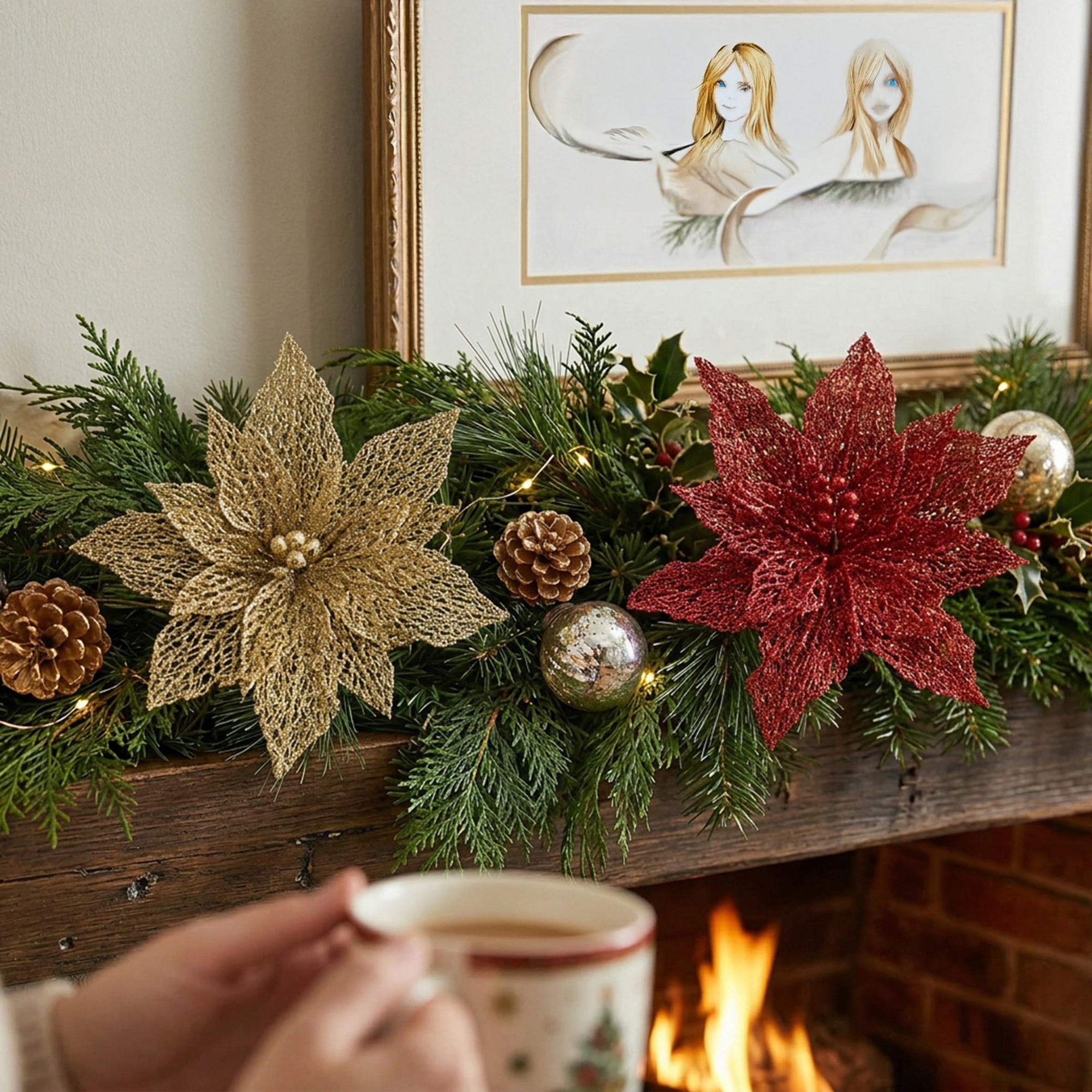 Glitter Metallic Mesh Poinsettia Pick Assorted, Christmas, Floral Pick, Holiday Decor- Set of 6