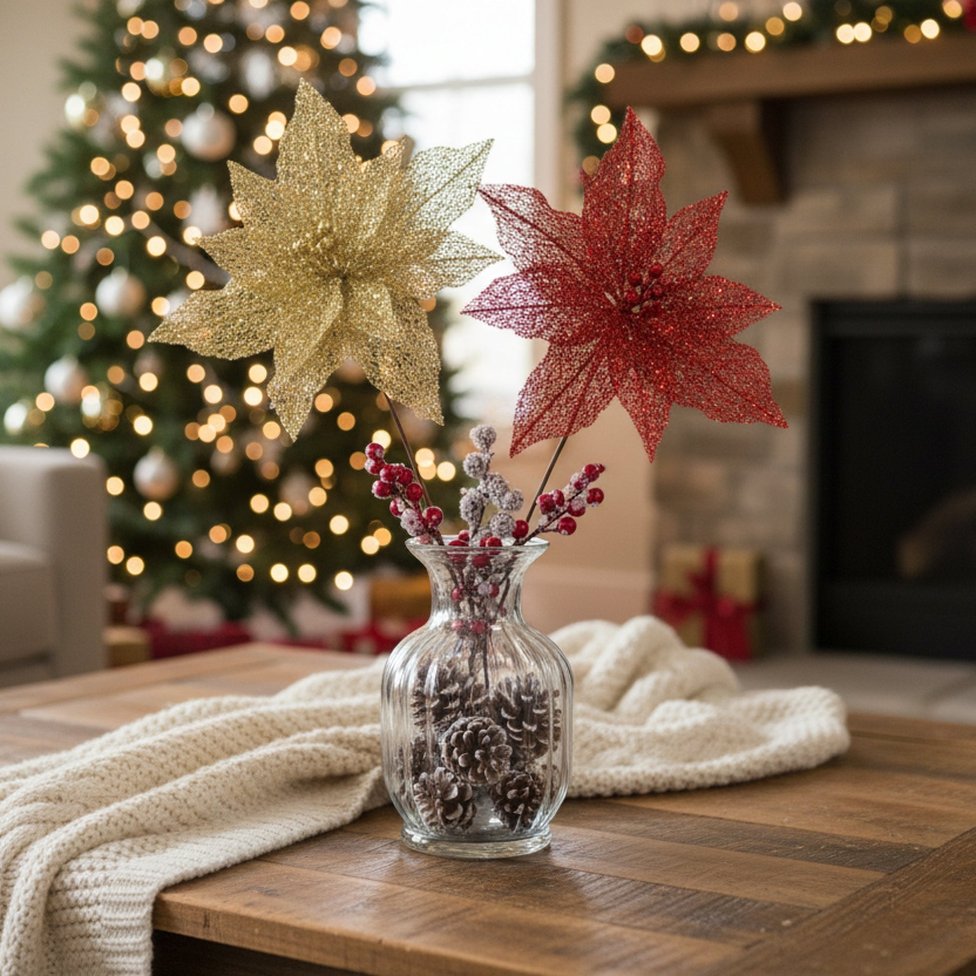 Glitter Metallic Mesh Poinsettia Pick Assorted, Christmas, Floral Pick, Holiday Decor- Set of 6
