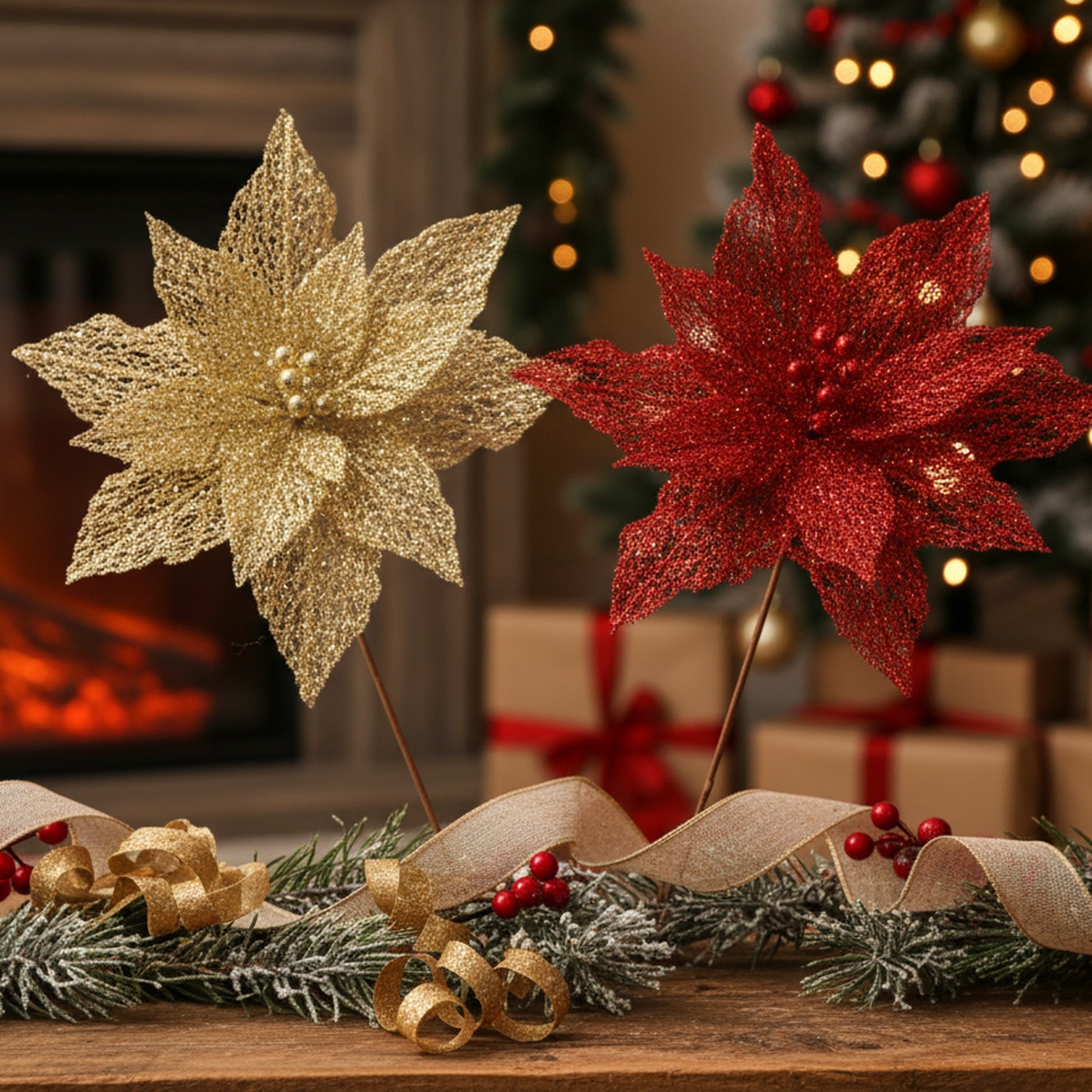 Glitter Metallic Mesh Poinsettia Pick Assorted, Christmas, Floral Pick, Holiday Decor- Set of 6