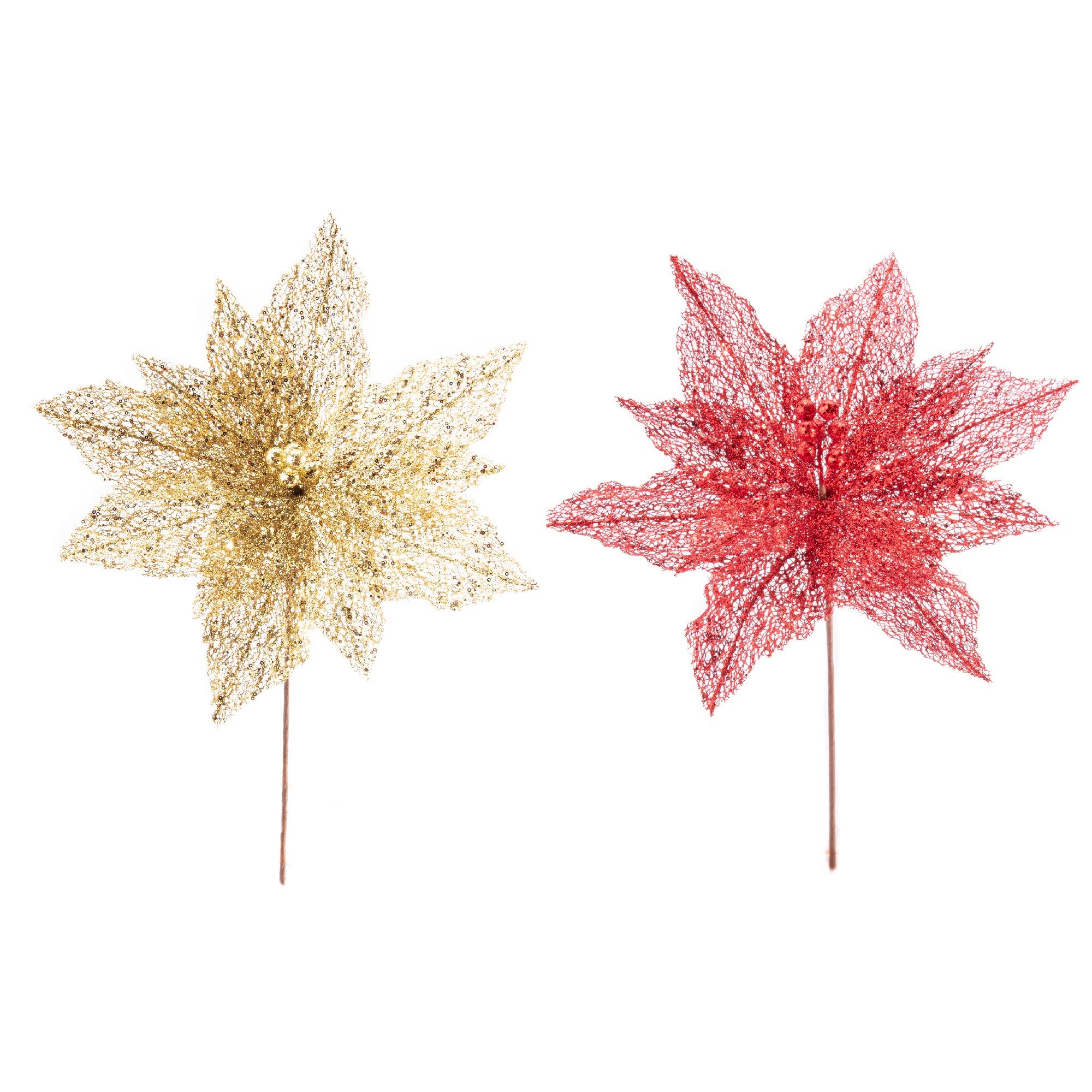 Glitter Metallic Mesh Poinsettia Pick Assorted, Christmas, Floral Pick, Holiday Decor- Set of 6