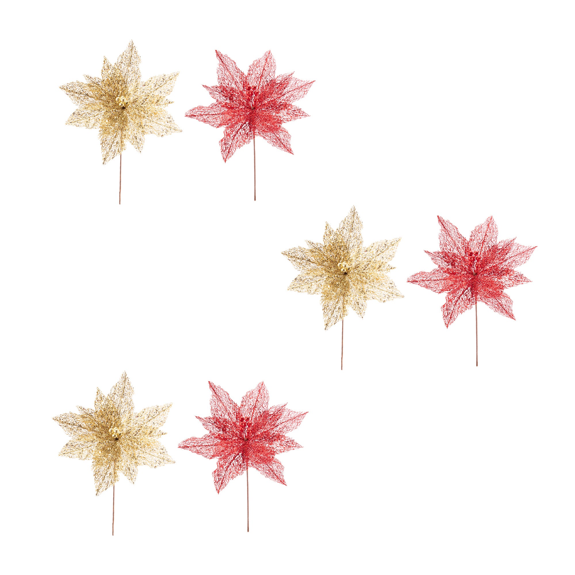 Glitter Metallic Mesh Poinsettia Pick Assorted, Christmas, Floral Pick, Holiday Decor- Set of 6