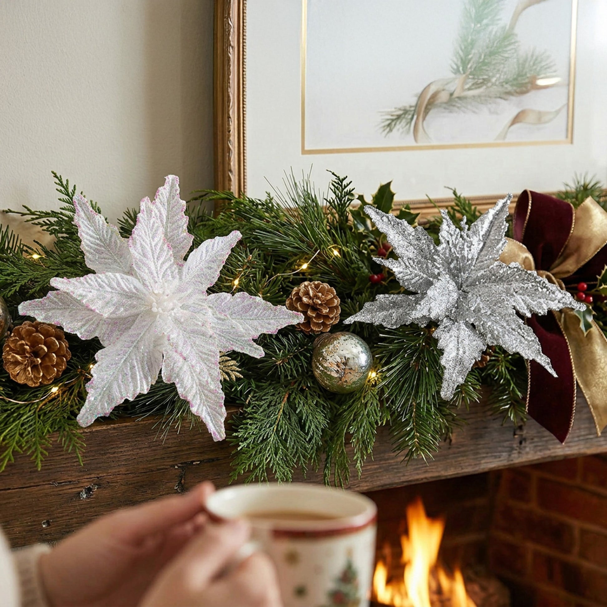 Metallic Tinsel Fabric Poinsettia Pick Assorted, Christmas, Floral Pick, Holiday Decor- Set of 6