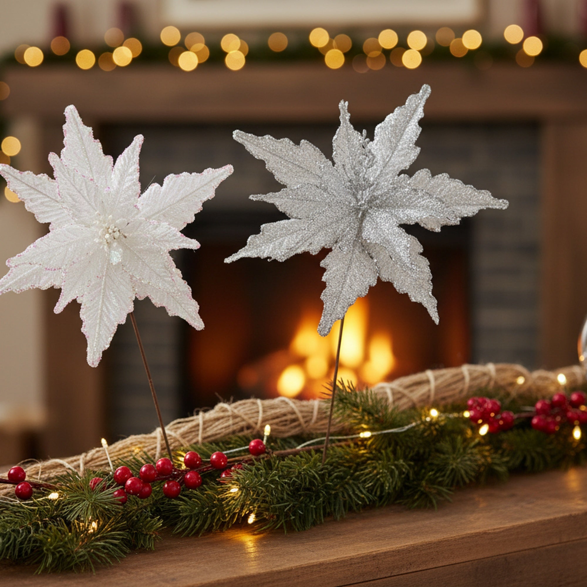 Metallic Tinsel Fabric Poinsettia Pick Assorted, Christmas, Floral Pick, Holiday Decor- Set of 6