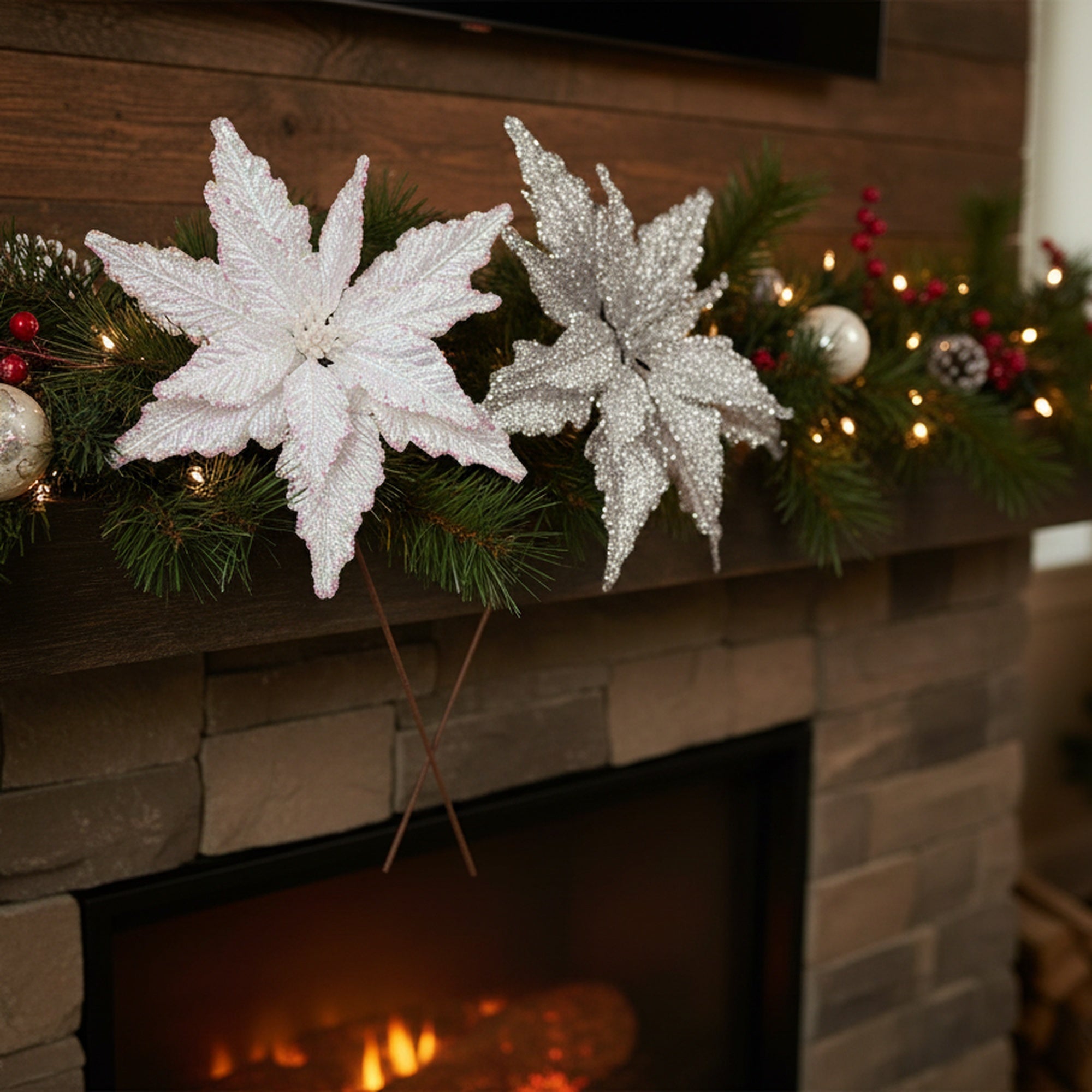 Metallic Tinsel Fabric Poinsettia Pick Assorted, Christmas, Floral Pick, Holiday Decor- Set of 6