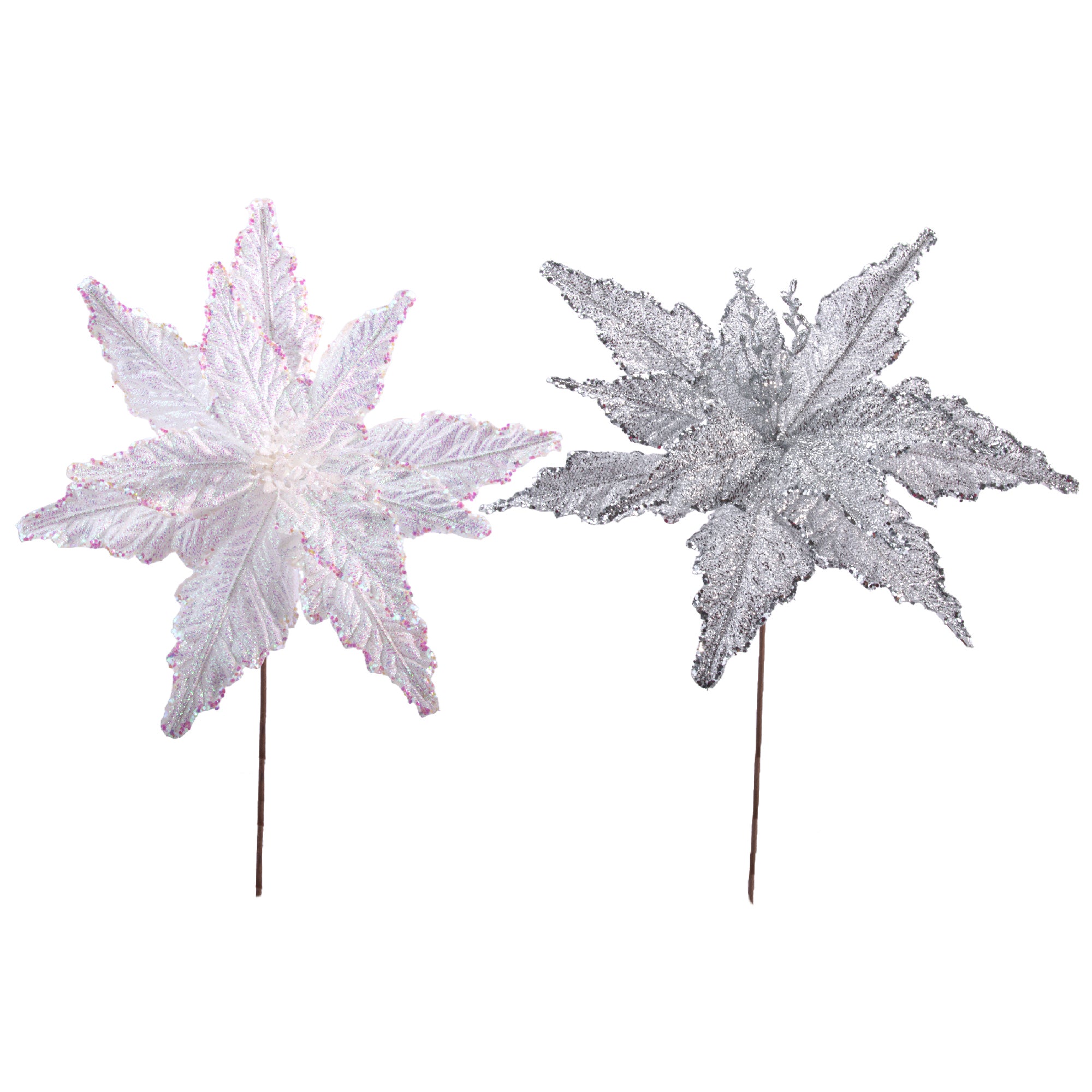 Metallic Tinsel Fabric Poinsettia Pick Assorted, Christmas, Floral Pick, Holiday Decor- Set of 6