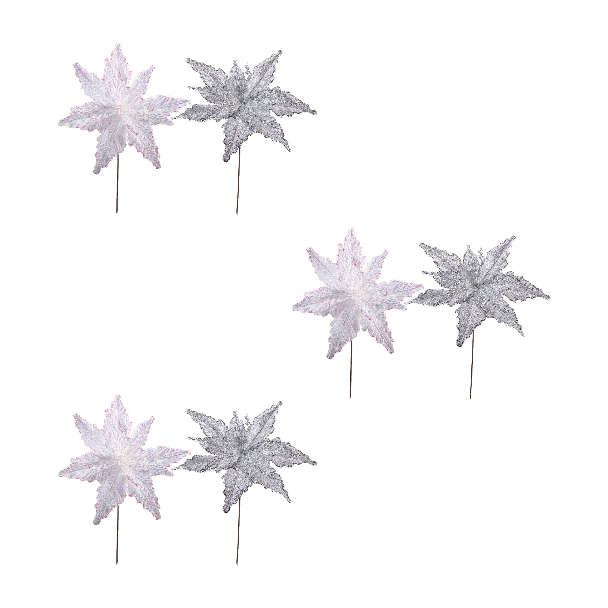 Metallic Tinsel Fabric Poinsettia Pick Assorted, Christmas, Floral Pick, Holiday Decor- Set of 6