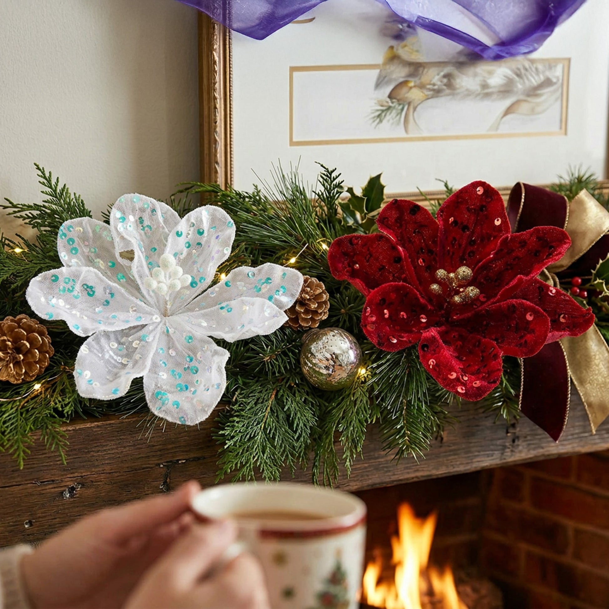 Sequin Velvet Floral Pick Assorted, Floral Pick, Holiday Decor- Set of 6