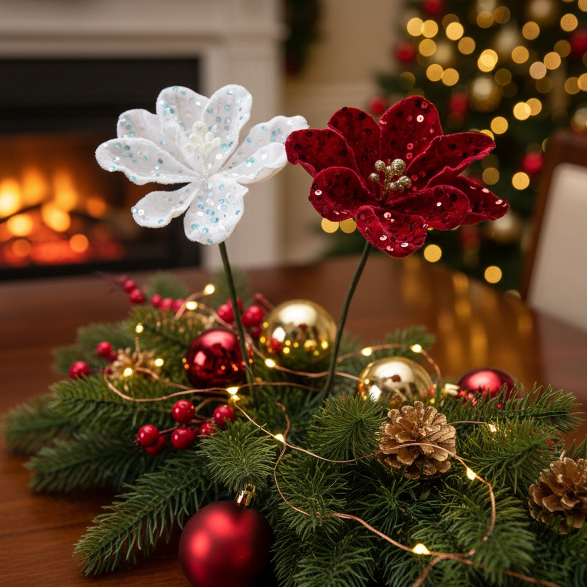 Sequin Velvet Floral Pick Assorted, Floral Pick, Holiday Decor- Set of 6