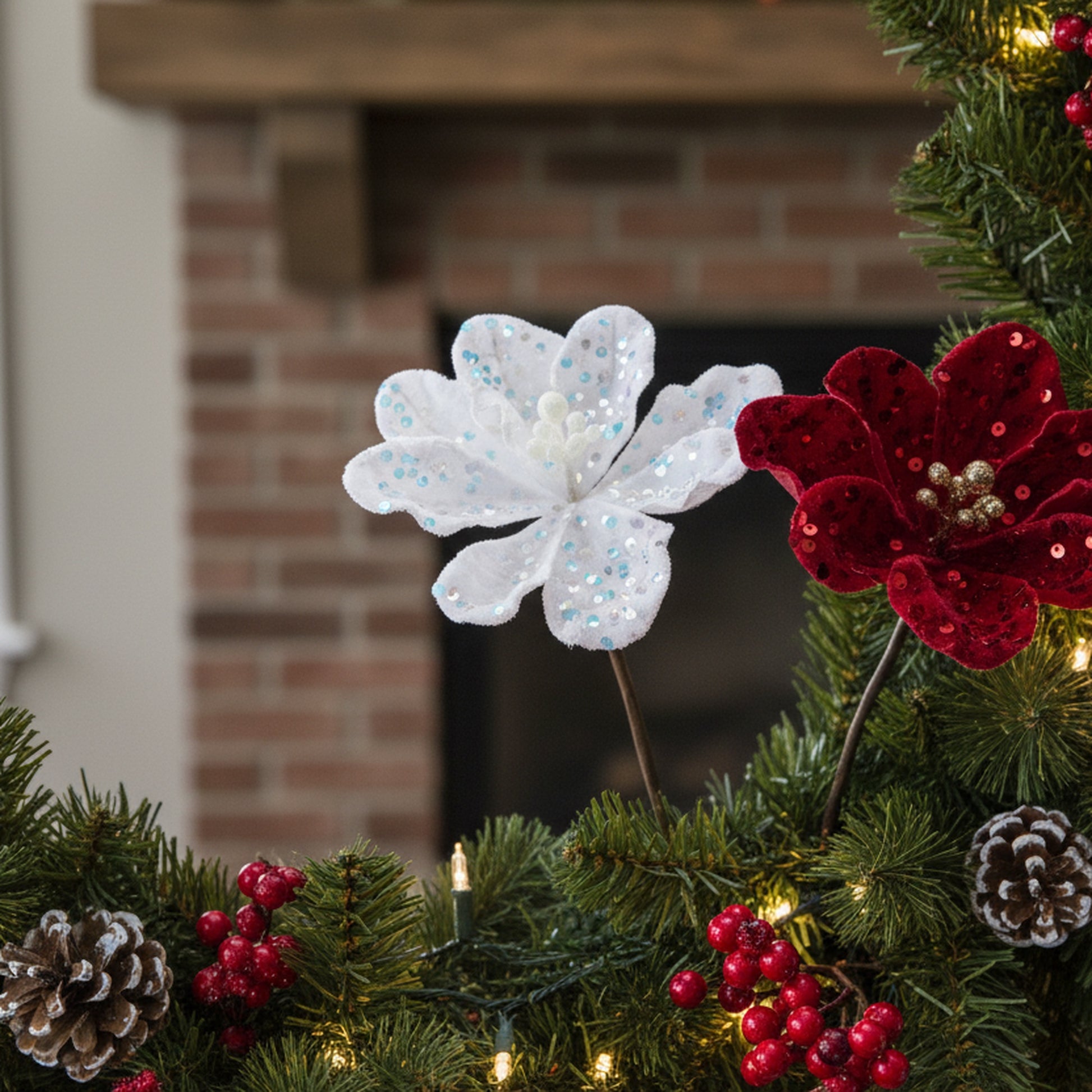 Sequin Velvet Floral Pick Assorted, Floral Pick, Holiday Decor- Set of 6
