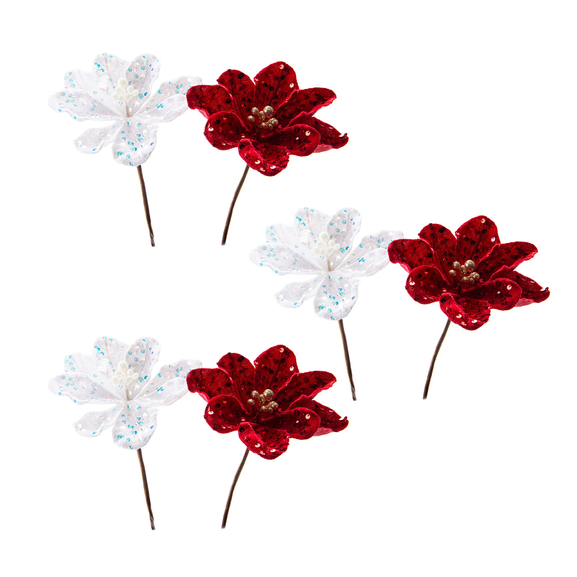 Sequin Velvet Floral Pick Assorted, Floral Pick, Holiday Decor- Set of 6
