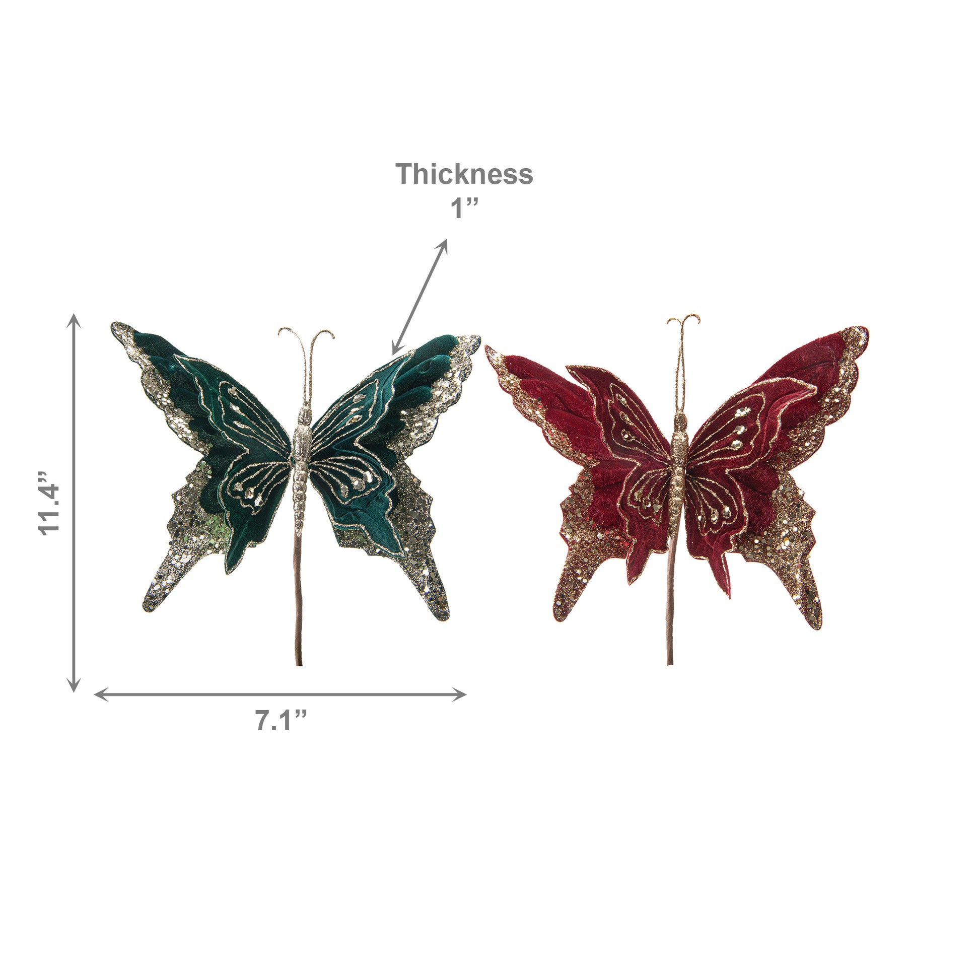 Velvet Glitter Butterfly Pick Assorted, Floral Pick, Holiday Decor- Set of 6