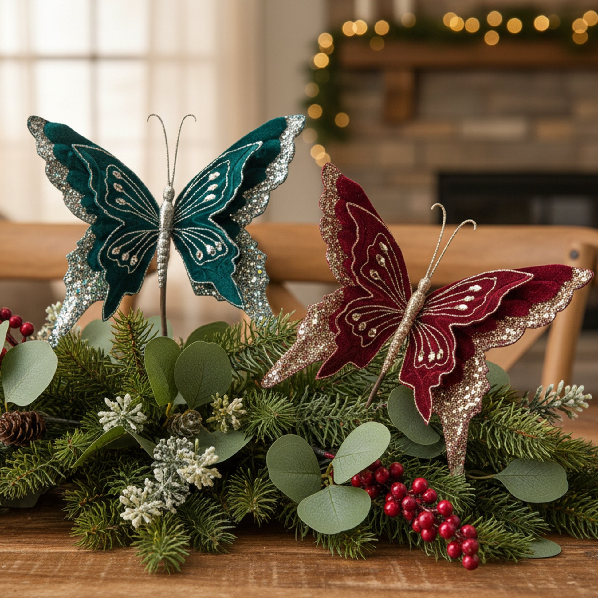 Velvet Glitter Butterfly Pick Assorted, Floral Pick, Holiday Decor- Set of 6