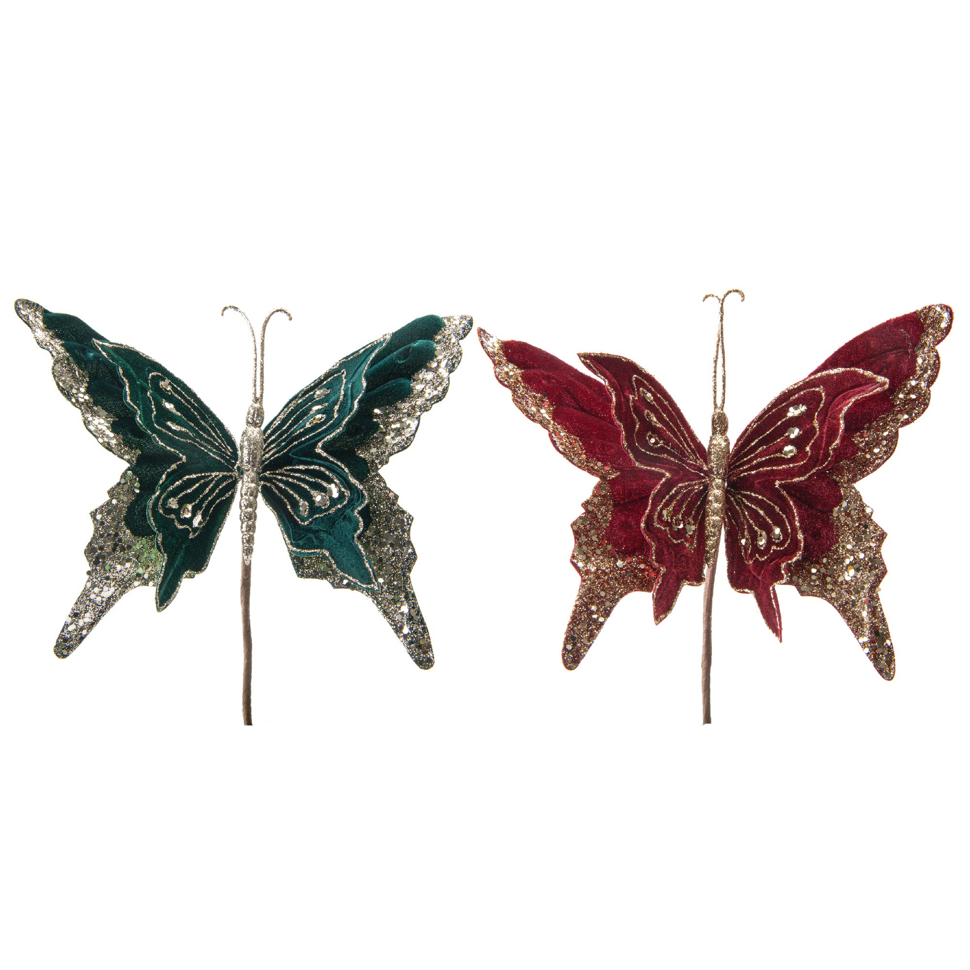 Velvet Glitter Butterfly Pick Assorted, Floral Pick, Holiday Decor- Set of 6
