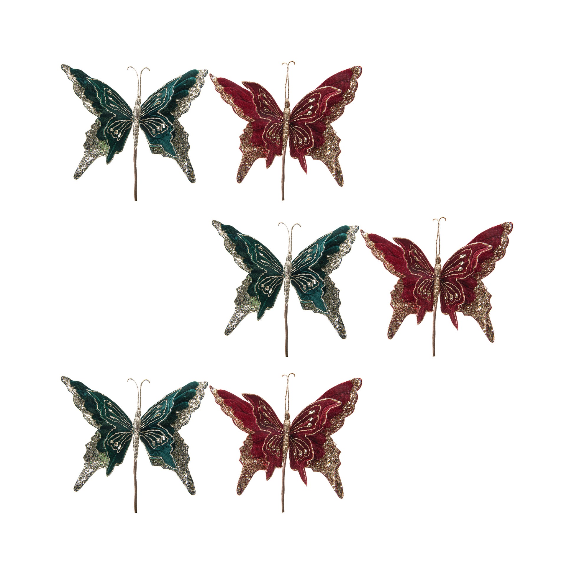 Velvet Glitter Butterfly Pick Assorted, Floral Pick, Holiday Decor- Set of 6