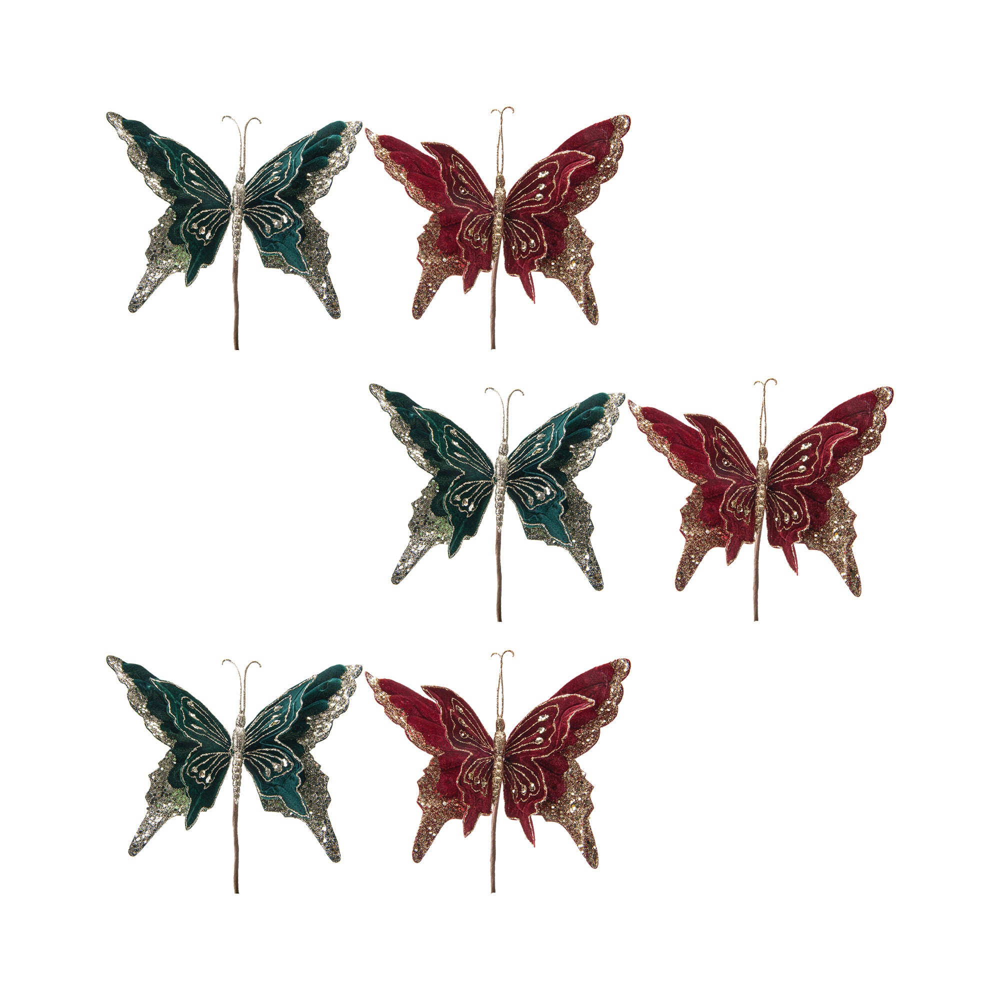 Velvet Glitter Butterfly Pick Assorted, Floral Pick, Holiday Decor- Set of 6