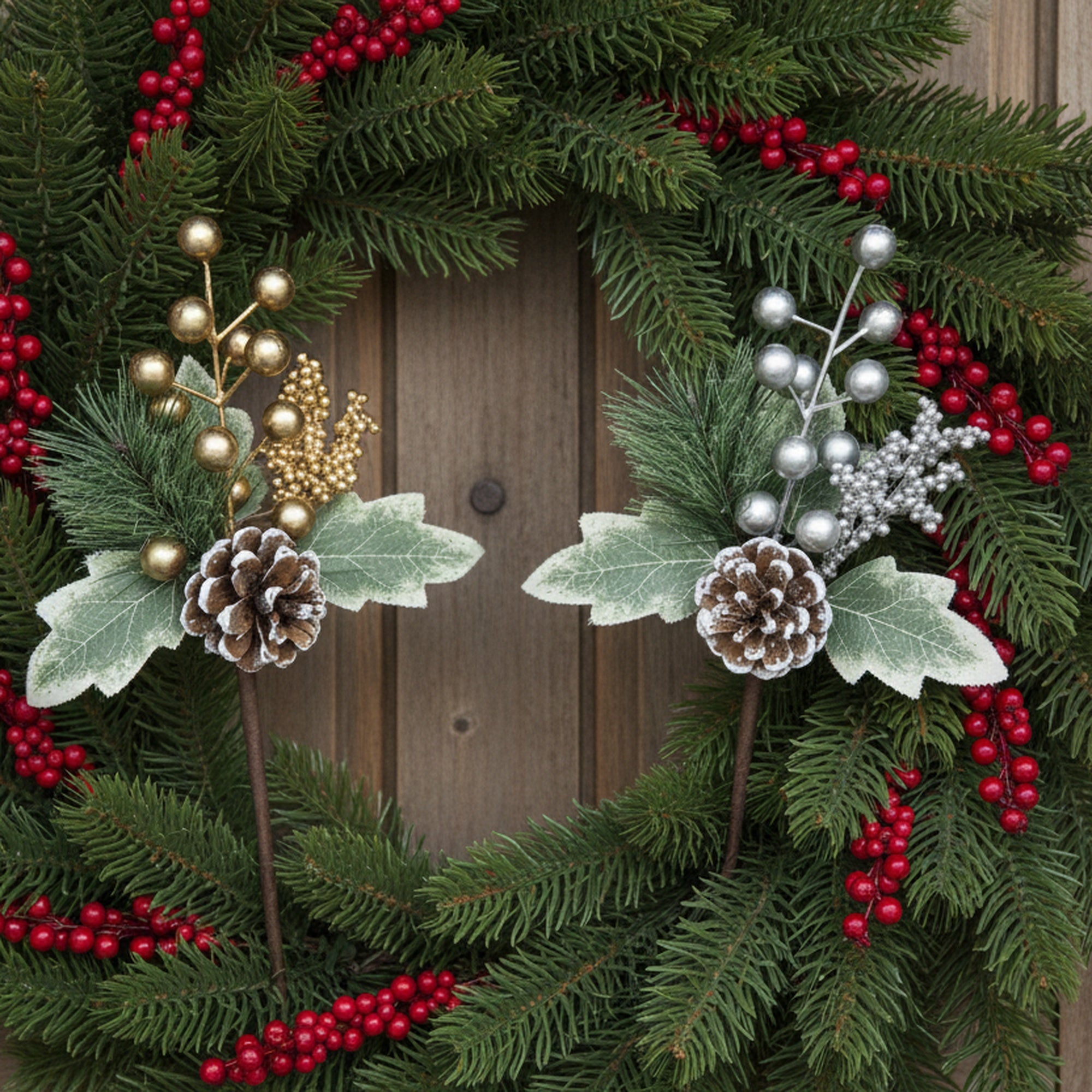 Metallic Berry and Frosted Pinecone Pick Assorted, Christmas, Floral Pick, Holiday Decor- Set of 6