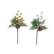 Metallic Berry and Frosted Pinecone Pick Assorted, Christmas, Floral Pick, Holiday Decor- Set of 6