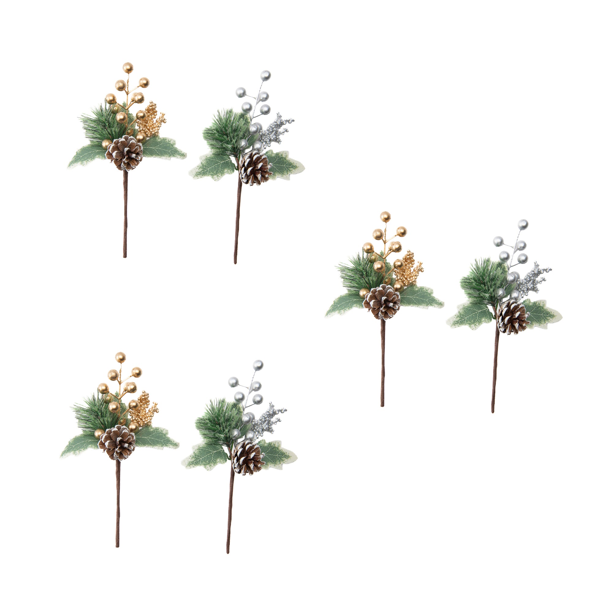 Metallic Berry and Frosted Pinecone Pick Assorted, Christmas, Floral Pick, Holiday Decor- Set of 6
