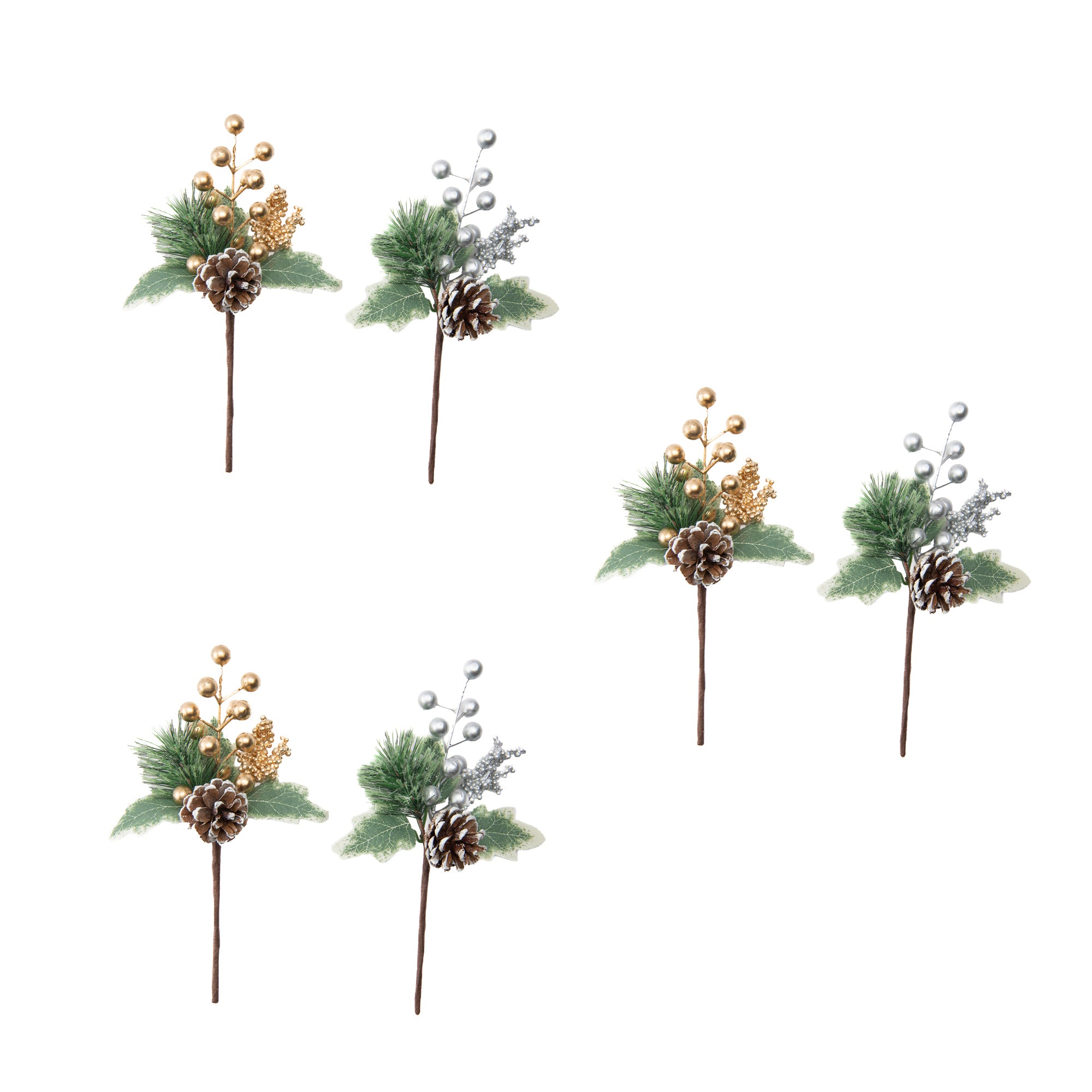 Metallic Berry and Frosted Pinecone Pick Assorted, Christmas, Floral Pick, Holiday Decor- Set of 6