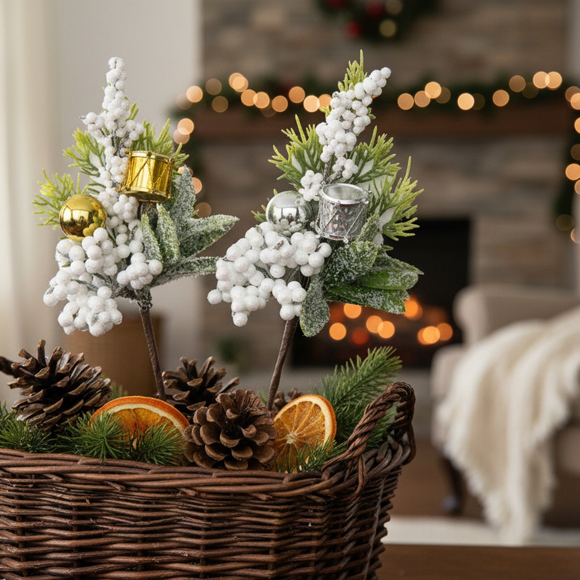 Frosted Berry and Mini Drum Pick Assorted, Winter, Floral Pick, Holiday Decor- Set of 6