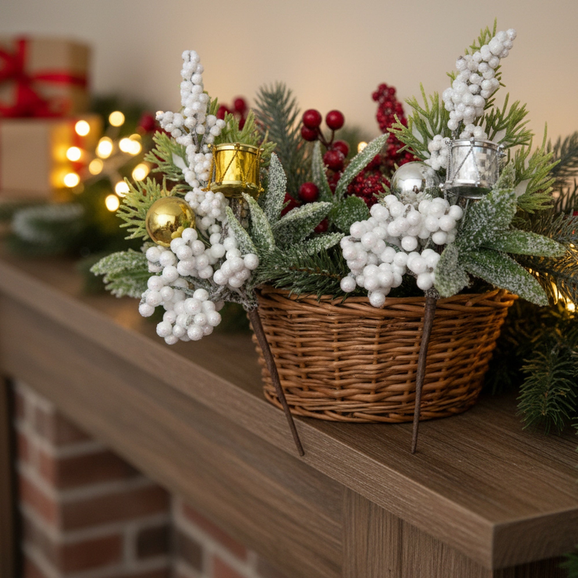 Frosted Berry and Mini Drum Pick Assorted, Winter, Floral Pick, Holiday Decor- Set of 6