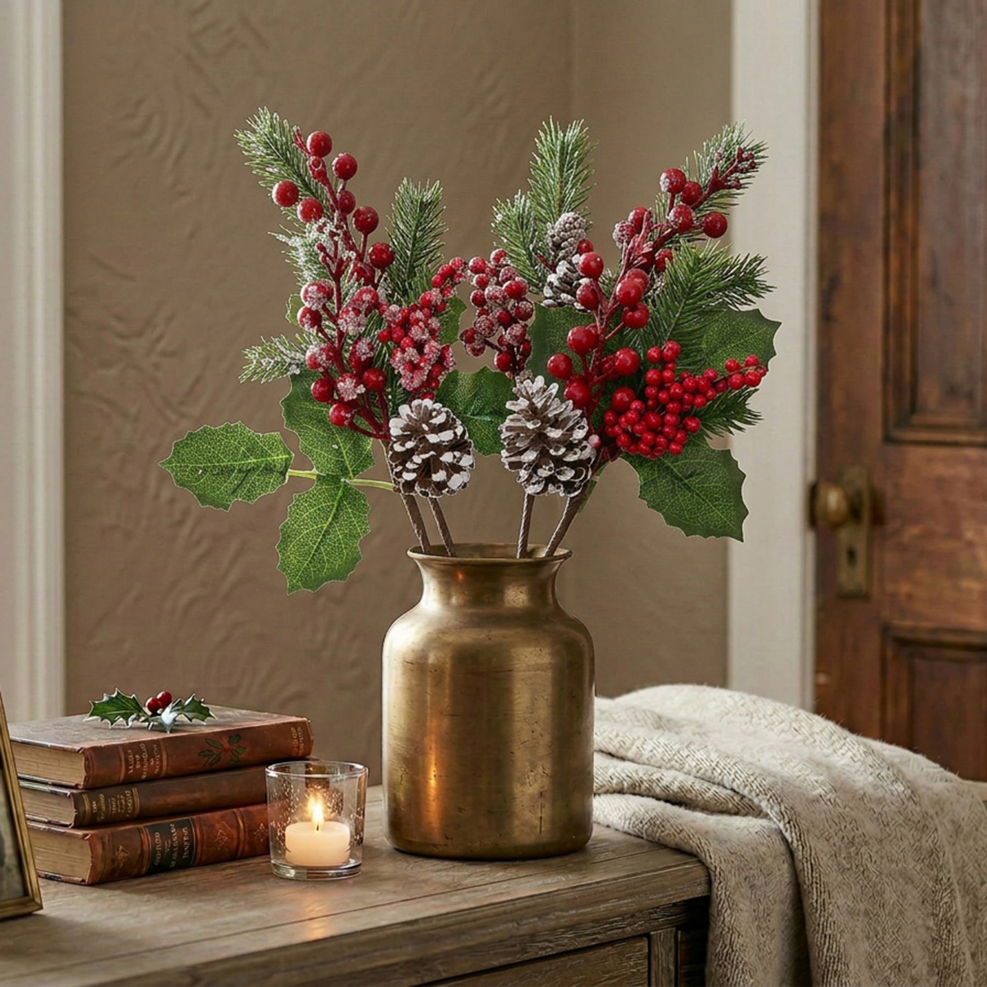 Red Berry and Pinecone Pick Assorted, Christmas, Floral Pick, Holiday Decor- Set of 6