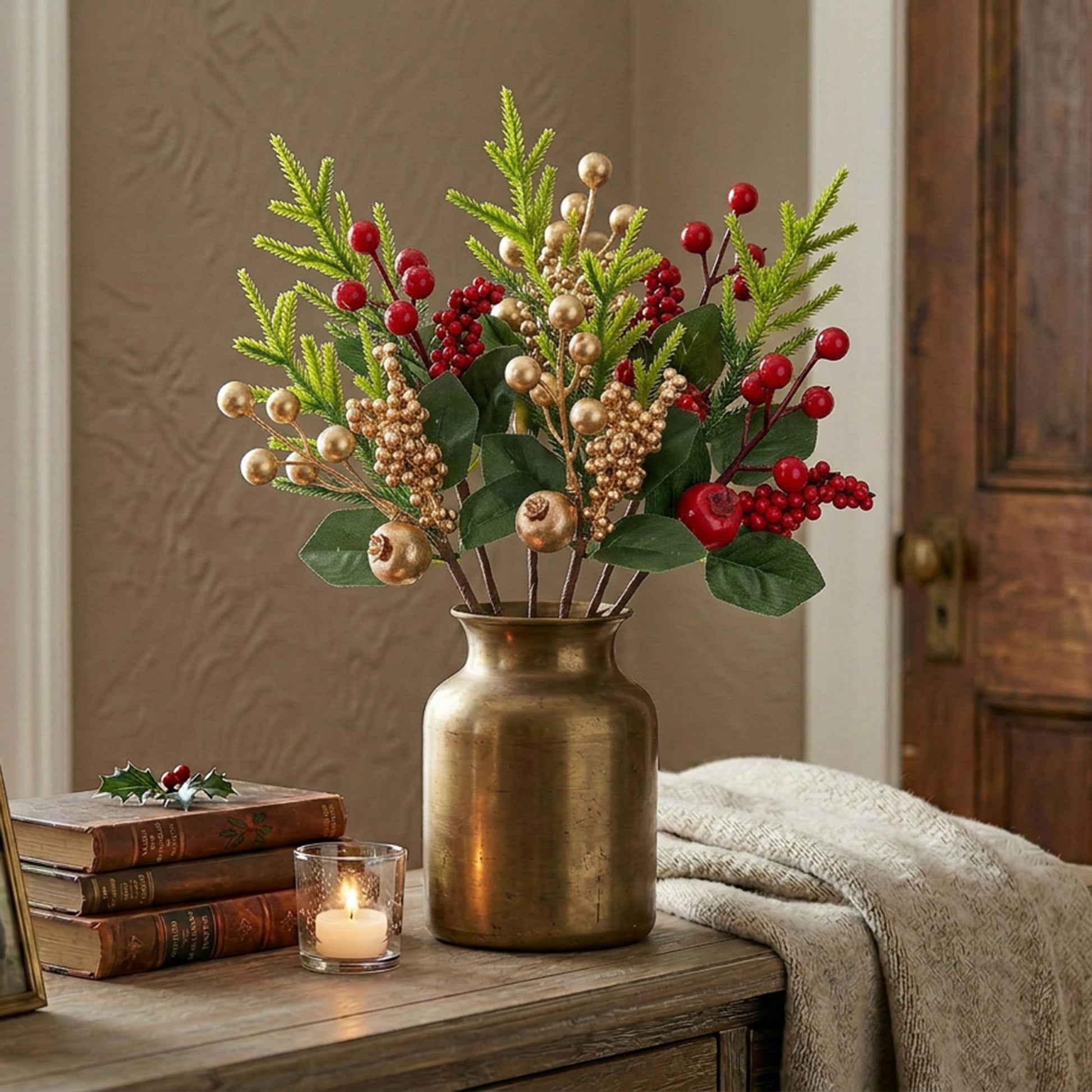 Berries and Pine Pick Assorted, Floral Pick, Holiday Decor- Set of 6