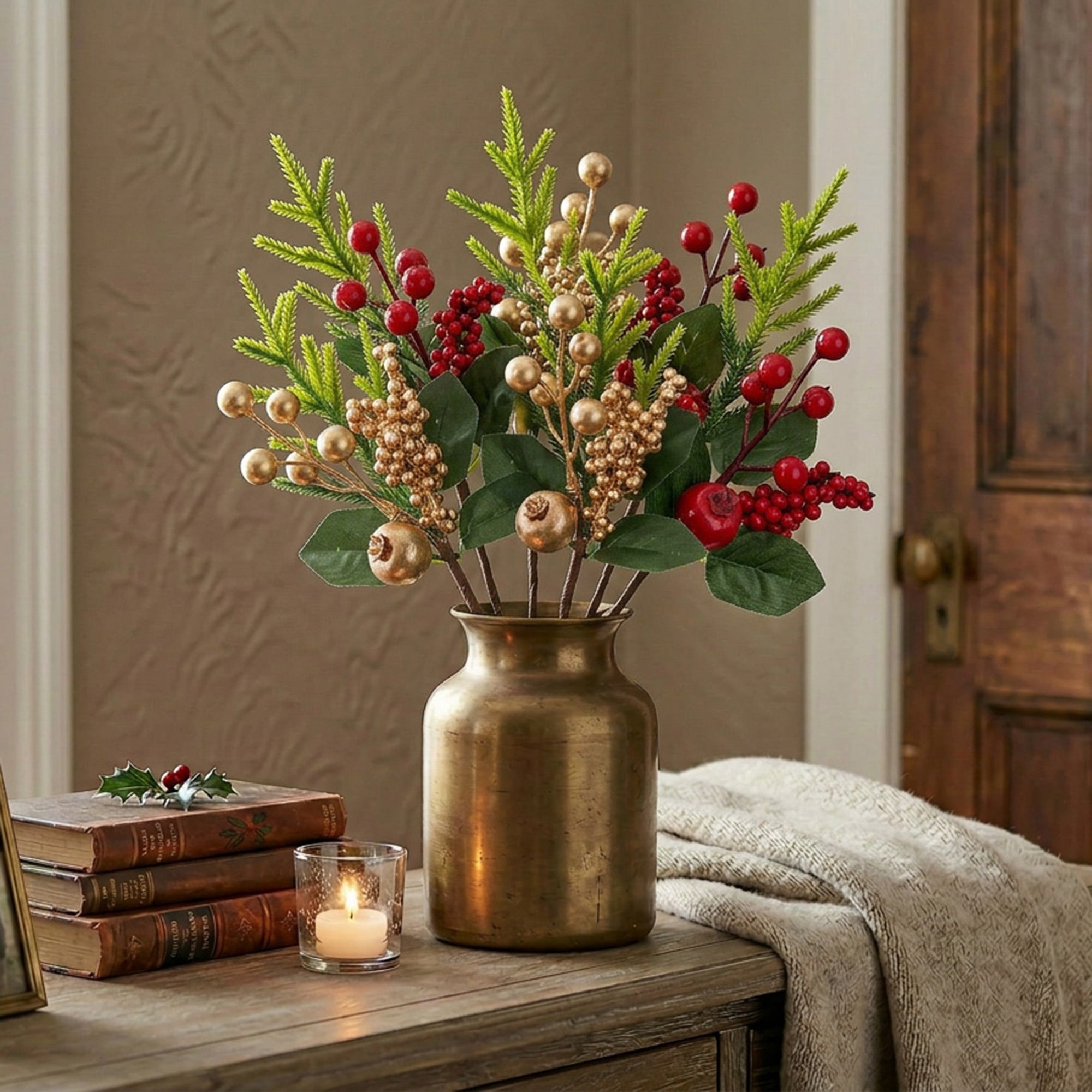 Berries and Pine Pick Assorted, Floral Pick, Holiday Decor- Set of 6