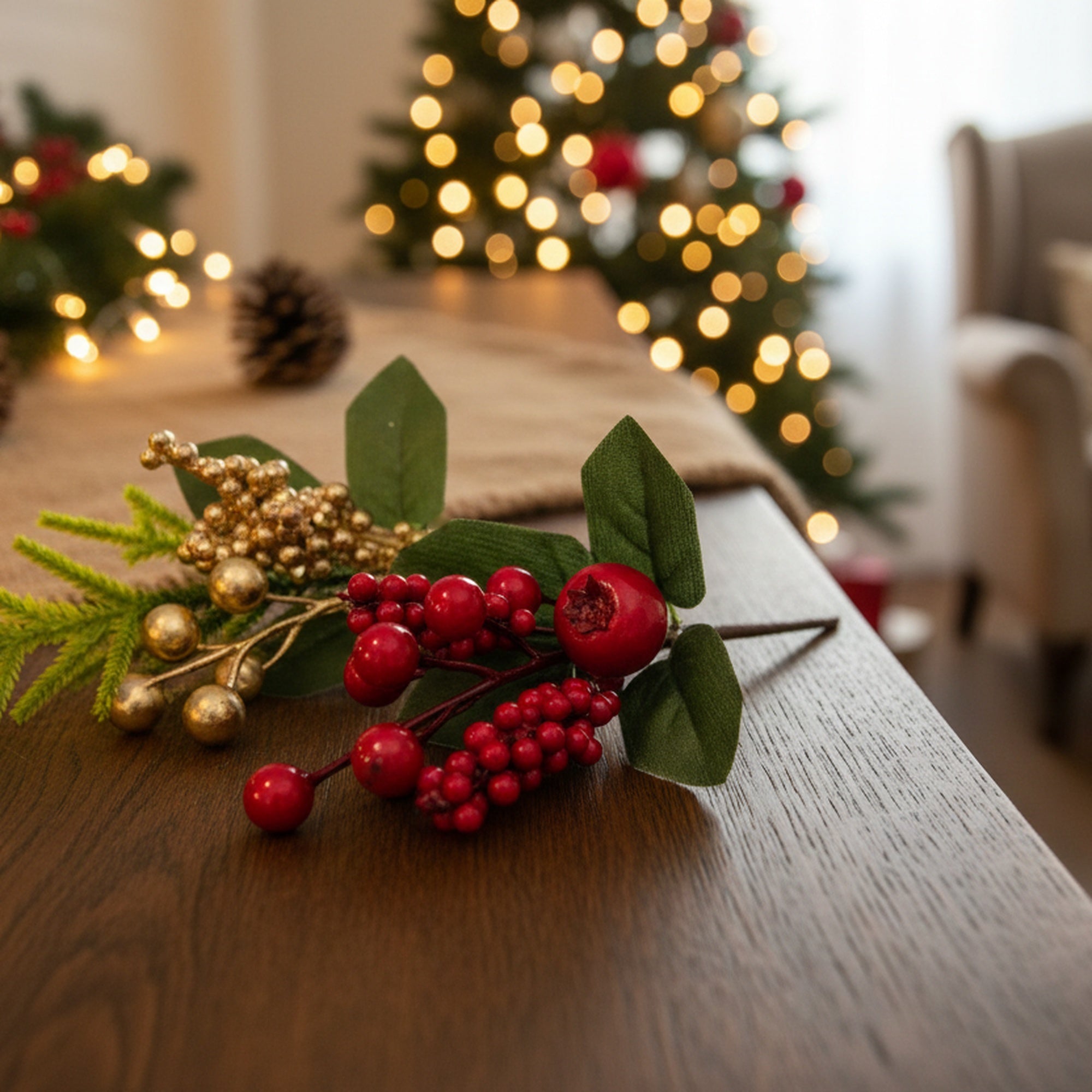 Berries and Pine Pick Assorted, Floral Pick, Holiday Decor- Set of 6