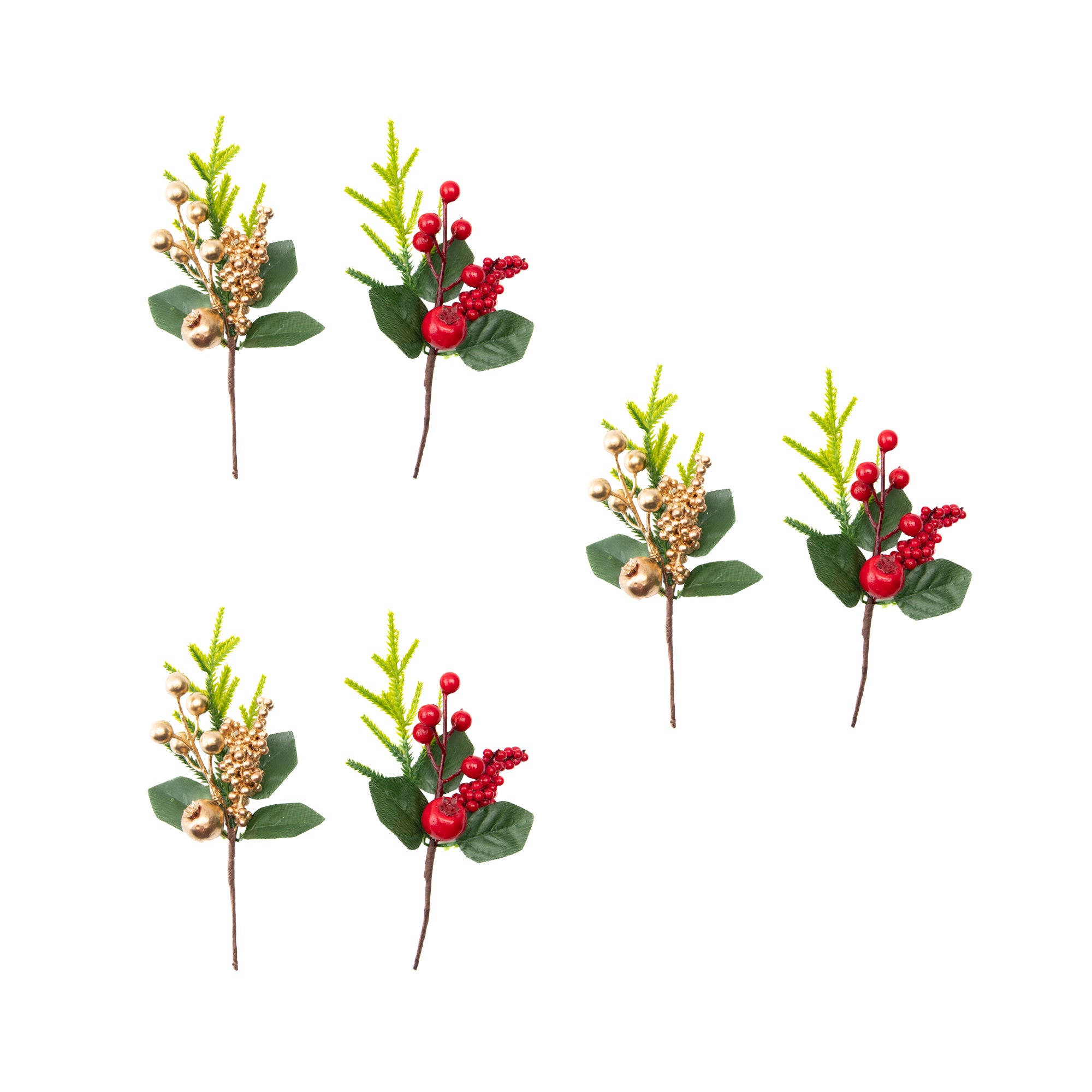 Berries and Pine Pick Assorted, Floral Pick, Holiday Decor- Set of 6