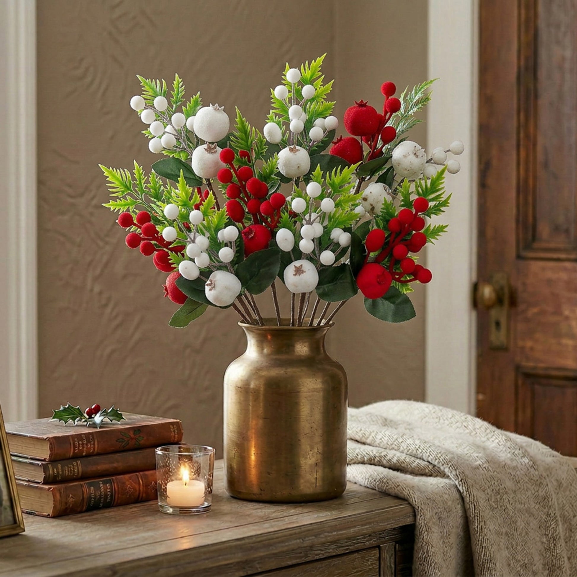 Flocked Berries Pick Assorted, Floral Pick, Holiday Decor- Set of 6