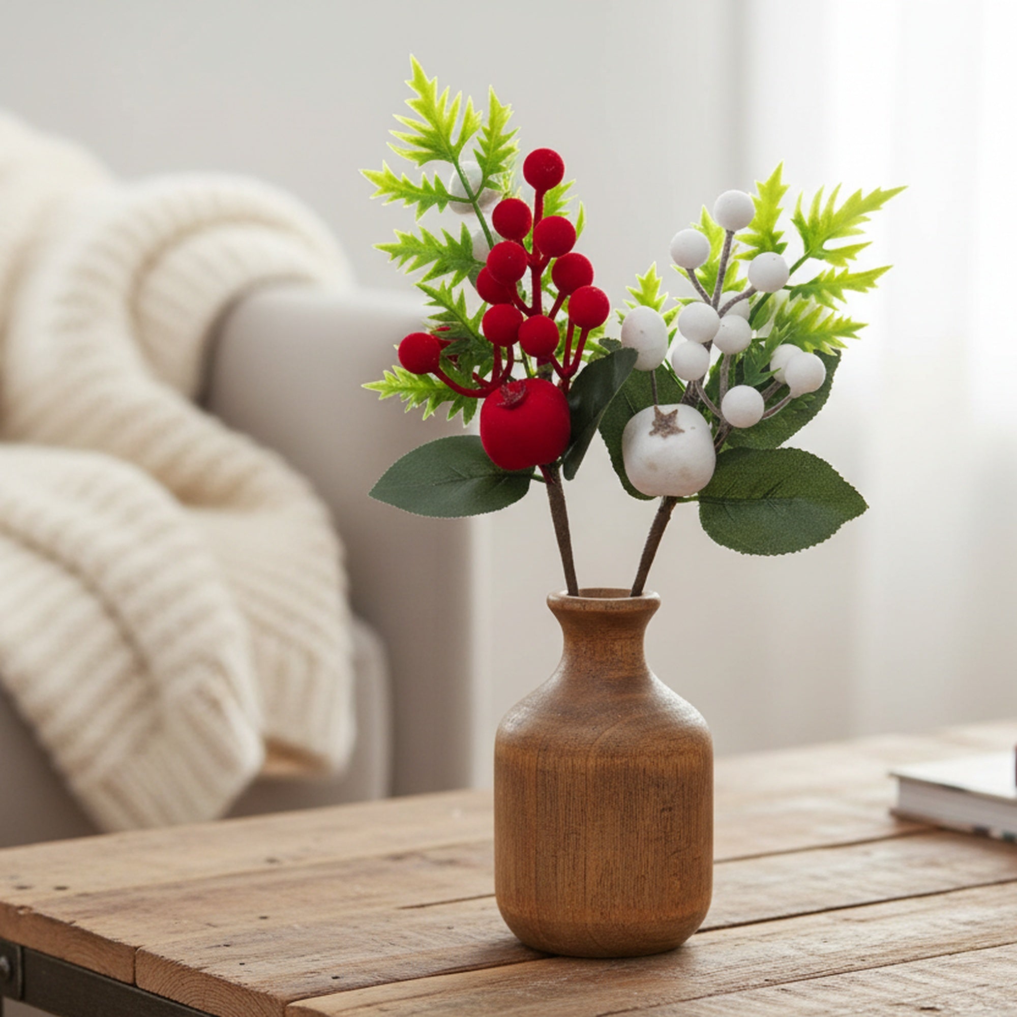 Flocked Berries Pick Assorted, Floral Pick, Holiday Decor- Set of 6